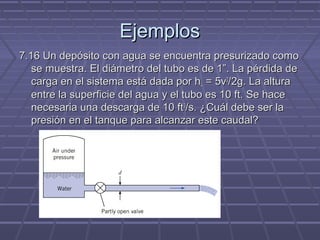 Ejemplos
7.16 Un depósito con agua se encuentra presurizado como
   se muestra. El diámetro del tubo es de 1”. La pérdida de
   carga en el sistema está dada por hL = 5v2/2g. La altura
   entre la superficie del agua y el tubo es 10 ft. Se hace
   necesaria una descarga de 10 ft3/s. ¿Cuál debe ser la
   presión en el tanque para alcanzar este caudal?
 