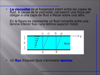 La viscositat  és el fregament intern entre les capes de fluid. A causa de la viscositat, cal exercir una força per obligar a una capa de fluid a lliscar sobre una altra. En la figura es representa un fluid comprès entre una làmina inferior fixa i una làmina superior mòbil. Un  flux  d'aquest tipus s'anomena  laminar . 