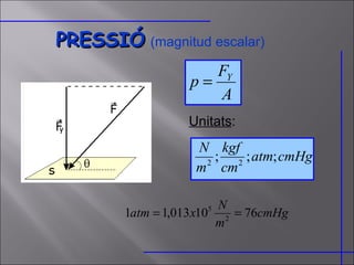 PRESSIÓ   (magnitud escalar) Unitats : 