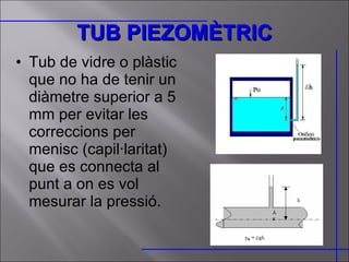 TUB PIEZOMÈTRIC Tub de vidre o plàstic que no ha de tenir un diàmetre superior a 5 mm per evitar les correccions per menisc (capil·laritat) que es connecta al punt a on es vol mesurar la pressió. 