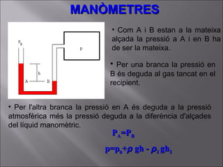 Com A i B estan a la mateixa alçada la pressió a A i en B ha de ser la mateixa.  Per una branca la pressió en B és deguda al gas tancat en el recipient.  Per l'altra branca la pressió en A és deguda a la pressió atmosfèrica més la pressió deguda a la diferència d'alçades del líquid manomètric.  P A =P B p=p 0 +    gh -   2  gh 2 MANÒMETRES 