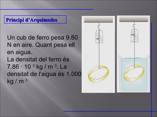 Un cub de ferro pesa 9.80 N en aire. Quant pesa ell en aigua. La densitat del ferro és 7.86 · 10  3  kg / m  3 . La densitat de l'aigua és 1.000 kg / m  3 Principi d’Arquímedes 