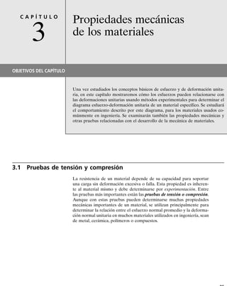 PROBLEMAS • 79
400 mm
300 mm
A
B
D P
θ
300 mm
C
Probs. 2-8/9
θ
L
A
C
L
B
L
Probs. 2-10/11
800 mm
800 mm
x
y
5 mm
45°
45°
45°
A
Probs. 2-12/13/14
0.3 pulg
0.2 pulg
0.3 pulg
10 pulg
10 pulg
10 pulg
10 pulg
0.2 pulg
y
x
A
B
C
D
Prob. 2-15
*2-8. Parte de la palanca de mando de un avión consiste en
un miembro rígido CBD y en un cable flexible AB.Si se apli-
ca una fuerza al extremo D del miembro y hace girar a éste
determine la deformación unitaria normal en el ca-
ble. Inicialmente, el cable no está estirado.
2-9. Parte de la palanca de mando de un avión consiste en
un miembro rígido CBD y en un cable flexible AB.Si se apli-
ca una fuerza al extremo D del miembro y genera una defor-
mación unitaria normal en el cable de 0.0035 mm/mm,deter-
mine el desplazamiento del punto D.Inicialmente el cable no
está estirado.
u = 0.3°,
2-10. El alambre AB no está estirado cuando Si
se aplica una carga vertical a la barra AC,lo que ocasiona que
determine la deformación unitaria normal en el
alambre.
2-11. Si una carga aplicada a la barra AC ocasiona que el
punto A se desplace hacia la izquierda una cantidad L,de-
termine la deformación unitaria normal en el alambre AB.
Inicialmente, =45°.
u = 47°,
u = 45°.
*2-12. La placa triangular está fija en su base y su vértice A
recibe un desplazamiento horizontal de 5 mm.Determine la
deformación unitaria cortante xy en A.
2-13. La placa triangular está fija en su base, y su vértice A
recibe un desplazamiento horizontal de 5 mm. Determine
la deformación unitaria normal promedio x a lo largo del
eje x.
2-14. La placa triangular está fija en su base, y su vértice A
recibe un desplazamiento horizontal de 5 mm.Determine la
deformación unitaria normal promedio a lo largo del
eje .
x¿
Px¿
2-15. A las esquinas de la placa cuadrada se le dan los des-
plazamientos indicados.Determine las deformaciones unita-
rias normal promedio x y y a lo largo de los ejes x y y.
02-Hibbeler 30/8/56 10:36 AM Página 79
 
