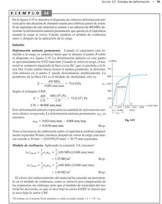 Observe que la resistencia de fluencia no es una propiedad física del
material, puesto que es un esfuerzo que causó una deformación unita-
ria permanente especificada en el material. Sin embargo, en este texto
supondremos que la resistencia de fluencia, el punto de fluencia, el lími-
te elástico y el límite de proporcionalidad coinciden todos ellos, a no ser
que se establezca de otra manera. El hule natural sería una excepción,
ya que de hecho ni siquiera tiene un límite de proporcionalidad, puesto
que el esfuerzo y la deformación unitaria no están linealmente relacio-
nados, figura 3-8. En cambio, este material, que se conoce como un po-
límero, exhibe un comportamiento elástico no lineal.
La madera es a menudo un material moderadamente dúctil, y como
resultado se diseña por lo general para responder sólo a cargas elásti-
cas. Las características de resistencia de la madera varían mucho de una
especie a otra, y para cada especie dependen del contenido de humedad,
la edad y el tamaño o la localización de los nudos en la madera. Puesto
que la madera es un material fibroso, sus características de tensión o de
compresión difieren mucho cuando recibe carga paralela o perpendicu-
lar a su grano. Específicamente, la madera se abre con facilidad cuando
se carga en tensión perpendicularmente a su grano y, por consiguiente,
las cargas de tensión suelen casi siempre aplicarse paralelas al grano de
los miembros de madera.
92 • CAPÍTULO 3 Propiedades mecánicas de los materiales
2.0
1.5
1.0
0.5
2 4 6 8 10
Diagrama s- para el hule natural
∋
∋
(pulg/pulg)
σ (klb/pulg2)
Fig. 3-8
Diagrama s- para el hierro colado gris
σ (klb/pulg2)
– 0.06 – 0.05 – 0.04 – 0.03 – 0.02 – 0.01
– 20
0.01
– 40
– 60
– 80
– 100
– 120
20
B
A
C
(pulg/pulg)
∋
∋
σf = 22
Fig. 3-9
 