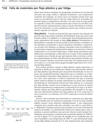 104 • CAPÍTULO 3 Propiedades mecánicas de los materiales
*3-12. La fibra de vidrio tiene un diagrama de esfuer-
zo-deformación unitaria como el mostrado. Si una barra
de 50 mm de diámetro y 2 m de longitud hecha de este
material está sometida a una carga axial de tensión de
60 kN, determine su alargamiento.
3-13. El plástico acetal tiene un diagrama de esfuerzo-
deformación unitaria como el mostrado. Si una barra de
este material tiene una longitud de 3 pies y un área trans-
versal de 0.875 pulg2
y está sometido a una carga axial de
2.5 klb, determine su alargamiento.
3-14. Un espécimen tiene originalmente 1 pie de longi-
tud, un diámetro de 0.5 pulg y está sometido a una fuer-
za de 500 lb. Cuando la fuerza se incrementa a 1800 lb,
el espécimen se alarga 0.9 pulg. Determine el módulo de
elasticidad del material si éste permanece elástico.
3-15. Un miembro estructural de un reactor nuclear es-
tá hecho de una aleación de zirconio. Si debe soportar
una carga axial de 4 klb, determine su área transversal re-
querida. Use un factor de seguridad de 3 con respecto a
la fluencia. ¿Cuál es la carga sobre el miembro si éste tie-
ne 3 pies de longitud y su alargamiento es de 0.02 pulg?
Ezr  14(103
) klb/pulg2
, Y  57.5 klb/pulg2
. El material
tiene comportamiento elástico.
*3-16. El poste está soportado por un pasador en C y
por un alambre AB de acero A-36. Si el alambre tiene un
diámetro de 0.2 pulg, determine cuánto se alarga éste
cuando una fuerza horizontal de 2.5 klb actúa sobre el
poste.
3-17. La barra DA es rígida y se mantiene originalmen-
te en posición horizontal cuando el peso W está soporta-
do en C. Si el peso ocasiona que B se desplace hacia aba-
jo 0.025 pulg, determine la deformación unitaria en los
alambres DE y BC.Además, si los alambres están hechos
de acero A-36 y tienen un área transversal de 0.002 pulg2
,
determine el peso W.
σ (Pa)
(mm/mm)
σ = 300(106
) 1/2
Prob. 3-12
σ (lb/pulg2)
(pulg/pulg)
σ = 9.5(103
) 1/3
Prob. 3-13
30°
3 pies
4 pies
C
A
2.5 klb
B
Prob. 3-16
2 pies 3 pies
4 pies
3 pies
D A
B
E
C
W
Prob. 3-17
 