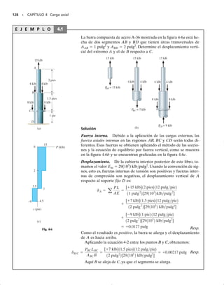 118 • CAPÍTULO 3 Propiedades mecánicas de los materiales
3-35. Se muestra en la figura la porción elástica del dia-
grama de esfuerzo-deformación unitaria a tensión para
una aleación de aluminio. El espécimen usado para la
prueba tiene una longitud calibrada de 2 pulg y un diá-
metro de 0.5 pulg. Cuando la carga aplicada es de 9 klb,
el nuevo diámetro del espécimen es de 0.49935 pulg.
Calcule el módulo cortante Gal para el aluminio.
*3-36. Se muestra en la figura la porción elástica del dia-
grama de esfuerzo-deformación unitaria en tensión para
una aleación de aluminio. El espécimen usado en la prue-
ba tiene una longitud calibrada de 2 pulg y un diámetro
de 0.5 pulg. Si la carga aplicada es de 10 klb, determine
el nuevo diámetro del espécimen. El módulo cortante es
Gal  3.8(103
) klb/pulg2
.
P R O B L E M A S D E R E P A S O
3 m
210 mm
220 mm
x
A B
80 kN
Prob. 3-37
400 mm
θ
A
B
P
400 mm
Prob. 3-39
∋
0.00614
70
σ (klb/pulg2)
(pulg/pulg)
Probs. 3-35/36
3-37. Una viga rígida reposa en una posición horizontal
sobre dos cilindros de aluminio 2014-T6 que tienen las
longitudes sin carga que se muestran en la figura. Si ca-
da cilindro tiene un diámetro de 30 mm, determine la co-
locación x de la carga de 80 kN de modo que la viga per-
manezca horizontal. ¿Cuál es el nuevo diámetro del
cilindro A después de haberse aplicado la carga? 
al 
0.35.
3-38. Un bloque cilíndrico corto de aluminio 6061-T6
con diámetro original de 20 mm y longitud de 75 mm se
coloca en una máquina de compresión y se comprime has-
ta que la carga axial aplicada es de 5 kN. Determine (a)
el decremento en su longitud y (b) su nuevo diámetro.
3-39. El alambre AB de acero A-36 tiene un área trans-
versal de 10 mm2
y no está estirado cuando   45.0°.
Determine la carga P necesaria para que   44.9°.
*3-40. Mientras experimenta una prueba de tensión, un
espécimen de aleación de cobre con longitud calibrada
de 2 pulg es sometido a una deformación unitaria de
0.40 pulg/pulg cuando el esfuerzo es de 70 klb/pulg2
. Si
Y  45 klb/pulg2
cuando Y  0.0025 pulg/pulg, deter-
mine la distancia entre los puntos de calibración cuando
se retira la carga.
 
