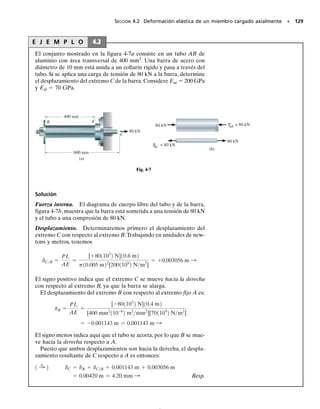 PROBLEMAS DE REPASO • 119
3-41. El diagrama de esfuerzo-deformación unitaria
para el polietileno, que se usa para revestir cables coa-
xiales, se determina con un espécimen que tiene una
longitud calibrada de 10 pulg. Si una carga P sobre el
espécimen desarrolla una deformación unitaria de
  0.024 pulg/pulg, determine la longitud aproximada
del espécimen, medida entre los puntos de calibración,
cuando se retira la carga.
P
P
σ
5
4
3
2
1
0
0.008 0.016 0.024 0.032 0.040 0.048
(klb/pulg2)
0
∋(pulg/pulg)
Prob. 3-41
0
11.1
31.9
37.8
40.9
43.6
53.4
62.3
64.5
62.3
58.8
0
0.0175
0.0600
0.1020
0.1650
0.2490
1.0160
3.0480
6.3500
8.8900
11.9380
Carga (kN) Alargamiento (mm)
Prob. 3-42
0
11.1
31.9
37.8
40.9
43.6
53.4
62.3
64.5
62.3
58.8
0
0.0175
0.0600
0.1020
0.1650
0.2490
1.0160
3.0480
6.3500
8.8900
11.9380
Carga (kN) Alargamiento (mm)
Prob. 3-43
2 kN
3 m
2 kN
Prob. 3-44
3-42. Una prueba de tensión se llevó a cabo en un espé-
cimen de acero que tenía un diámetro original de 12.5 mm
y una longitud calibrada de 50 mm. Los datos resultan-
tes se muestran en la tabla siguiente. Trace el diagrama
de esfuerzo-deformación unitaria y determine en forma
aproximada el módulo de elasticidad, el esfuerzo último
y el esfuerzo de ruptura. Use una escala de 20 mm  50
MPa y 20 mm  0.05 mm/mm.Vuelva a dibujar la región
elástica lineal usando la misma escala de esfuerzos pero
con una escala de deformaciones unitarias de 20 mm 
0.001 mm/mm.
3-43. Se efectuó una prueba de tensión en un espéci-
men de acero que tenía un diámetro original de 12.5 mm
y una longitud calibrada de 50 mm. Usando los datos en
la tabla, trace el diagrama de esfuerzo-deformación uni-
taria y determine en forma aproximada el módulo de te-
nacidad. Use una escala de 20 mm  50 MPa y 20 mm 
0.05 mm/mm.
*3-44. Una barra de latón de 8 mm de diámetro tiene
un módulo de elasticidad de Elatón  100 GPa. Si su lon-
gitud es de 3 m y se somete a una carga axial de 2 kN,
determine su alargamiento. ¿Cuál sería su alargamiento
bajo la misma carga si su diámetro fuera de 6 mm?
 