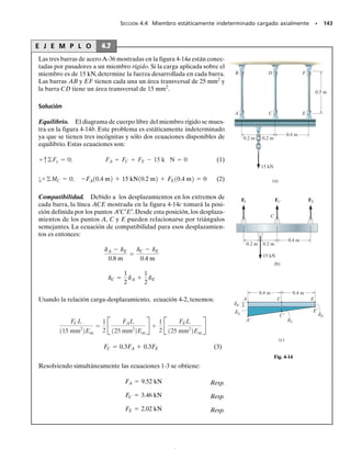 PROBLEMAS • 133
4-7. La barra de acero tiene las dimensiones originales
mostradas en la figura. Determine el cambio en su longi-
tud y las nuevas dimensiones de su sección transversal en
la sección a-a al estar sometida a una carga axial de 50 kN.
Eac  200 GPa, 	ac  0.29.
*4-8. La estructura mostrada consiste en dos barras rí-
gidas originalmente horizontales. Están soportadas por
pasadores y barras de acero A-36 de 0.25 pulg de diáme-
tro. Si se aplica la carga vertical de 5 klb a la barra inferior
AB, determine el desplazamiento en C, B y E.
4-10. La barra tiene un área A en su sección transversal
de 3 pulg2
y un módulo de elasticidad E  35(103
) klb/pulg2
.
Determine el desplazamiento de su extremo A cuando es-
tá sometida a la carga distribuida mostrada.
4-9. El cople está sometido a una fuerza de 5 klb. De-
termine la distancia d
 entre C y E tomando en cuenta la
compresión del resorte y la deformación de los segmentos
verticales de los pernos.Cuando no se tiene una carga apli-
cada, el resorte no está estirado y d  10 pulg. El material
es aceroA-36 y cada perno tiene un diámetro de 0.25 pulg.
Las placas en A, B y C son rígidas y el resorte tiene una ri-
gidez k  12 klb/pulg.
5 klb
A
B
C
D
E
F
6 pies
2 pies
1.5 pies
8 pies 2 pies
6 pies
w = 500x1/3 lb/pulg
4 pies
x
20 mm
50 mm
60 mm
20 mm
20 mm
50 kN
A
B
C
D
50 kN
200 mm
350 mm
200 mm
a
a
6 pulg
5 klb
d
8 pulg
A
E
C
B
5 klb
Prob. 4-7
Prob. 4-8
Prob. 4-9
Prob. 4-10
04-Hibbeler 30/8/56 10:52 AM Página 133
 