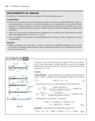 136 • CAPÍTULO 4 Carga axial
4-22. El barreno de acero A-36 de un pozo petrolero pe-
netra 12 000 pies en el terreno. Suponiendo que el tubo
usado para perforar el pozo está suspendido libremente
de la torre en A, determine el esfuerzo normal promedio
máximo en cada segmento de tubo y el alargamiento de su
extremo D con respecto al extremo fijo en A. La flecha
consta de tres tamaños diferentes de tubo, AB, BC y CD,
cada uno con su longitud, peso por unidad de longitud y
área transversal indicados en la figura. Sugerencia: use los
resultados del problema 4-21.
4-23. El tubo está enterrado en el suelo de manera que
cuando se jala hacia arriba, la fuerza de fricción a lo largo
de su longitud varía linealmente desde cero en B hasta fmáx
(fuerza/longitud) en C. Determine la fuerza inicial P re-
querida para extraer el tubo y el alargamiento asociado
del tubo un instante antes de que comience a deslizar. El
tubo tiene una longitud L, un área A en su sección trans-
versal y el material de que está hecho tiene un módulo de
elasticidad E.
*4-24. La barra tiene un ligero ahusamiento y longitud
L. Está suspendida del techo y soporta una carga P en su
extremo. Demuestre que el desplazamiento de su extre-
mo debido a esta carga es   PL/(Er2r1). Desprecie el
peso del material. El módulo de elasticidad es E.
4-25. Resuelva el problema 4-24 incluyendo el peso del
material y considerando que su peso específico es  (pe-
so/volumen).
4-26. Determine el alargamiento de la flecha ahusada
de acero A-36 cuando está sometida a una fuerza axial de
18 klb. Sugerencia: use el resultado del problema 4-24.
A
C
D
B
AAB = 2.50 pulg2
wAB = 3.2 lb/pie
ABC = 1.75 pulg2
wBC = 2.8 lb/pie
ACD= 1.25 pulg2
wCD= 2.0 lb/pie
5000 pies
5000 pies
2000 pies
Prob. 4-22
C
L
fmáx
B
P
Prob. 4-23
P
L
r2
r1
Probs. 4-24/25
18 klb 18 klb
4 pulg 4 pulg
20 pulg
r1= 0.5 pulg r2 = 1 pulg r1= 0.5 pulg
Prob. 4-26
04-Hibbeler 30/8/56 10:52 AM Página 136
 