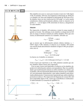 Aplicando las ecuaciones 4-2 y 4-4 y usando las propiedades mecáni-
cas dadas en la tabla en la cubierta interior posterior, tenemos:
Usando la ecuación 1 y despejando, se obtiene:
El esfuerzo normal promedio en el perno y en la camisa es entonces:
Resp.
Resp.
Como en este análisis se supuso un comportamiento elástico lineal
de los materiales, los esfuerzos calculados deben revisarse para cons-
tatar que ellos no exceden los límites proporcionales del material.
ss =
20.26 kN
600 mm2
110-6
m2
mm2
2
= 33.8 MPa
sb =
20.26 kN
400 mm2
110-6
m2
mm2
2
= 50.6 MPa
Fs = Fb = 20.26 kN
-
Fs10.150 m2
600 mm2
110-6
m2
mm2
2[73.11109
2 Nm2
]
+
Fb10.150 m2
1400 mm2
2110-6
m2
mm2
2[2001109
2 Nm2
]
SECCIÓN 4.6 Esfuerzo térmico • 157
(c)
Posición
inicial
Posicición
final
( s)T
( s)F
( b)T
( b)F
δ
δ
δ
δ
δ
[12110-6
2°C]180 °C - 15 °C210.150 m2
= [23110-6
2°C]180 °C - 15 °C210.150 m2
04-Hibbeler 30/8/56 10:52 AM Página 157
 