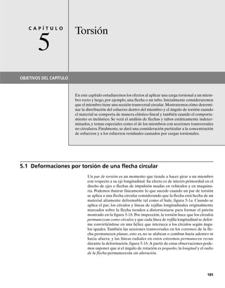 E J E M P L O 4.16
La barra en la figura 4-31a está hecha de un acero con comportamien-
to elástico-perfectamente plástico con Y  250 MPa. Determine (a)
el valor máximo de la carga P que puede aplicársele sin que el acero
fluya y (b) el valor máximo de P que la barra puede soportar. Esboce
la distribución del esfuerzo en la sección crítica para cada caso.
Solución
Parte (a). Cuando el material se comporta elásticamente, debemos
usar un factor de concentración de esfuerzos, determinado con ayuda
de la figura 4-23,que es único para la geometría dada de la barra. Aquí:
La carga máxima que no ocasiona fluencia, se presenta cuando
máx  Y.El esfuerzo normal promedio es Y  P/A.Usando la ecua-
ción 4-7, tenemos:
Resp.
Esta carga se ha calculado usando la sección transversal más pequeña.
La distribución resultante del esfuerzo se muestra en la figura 4-31b.
Por equilibrio, el “volumen” contenido dentro de esta distribución de-
be ser igual a 9.14 kN.
Parte (b). La carga máxima soportada por la barra requiere que todo
el material en la sección transversal más pequeña fluya. Por tanto, con-
forme P crece hacia la carga plástica Pp,se cambia gradualmente la dis-
tribución del esfuerzo del estado elástico mostrado en la figura 4-31b
al estado plástico mostrado en la figura 4-31c. Se requiere:
Resp.
Aquí, Pp es igual al “volumen” contenido dentro de la distribución del
esfuerzo, que en este caso es Pp  YA.
Pp = 16.0 kN
2501106
2 Pa =
Pp
10.002 m210.032 m2
sY =
Pp
A
PY = 9.14 kN
2501106
2 Pa = 1.75B
PY
10.002 m210.032 m2
R
sY = Ka
PY
A
b
smax = Ksavg;
w
h
=
40 mm
140 mm - 8 mm2
= 1.25
r
h
=
4 mm
140 mm - 8 mm2
= 0.125
172 • CAPÍTULO 4 Carga axial
P
2 mm
40 mm
4 mm
P
4 mm
(a)
PY
σ Y
(b)
P
p
σY
(c)
Fig. 4-31
máx=Kprom;
04-Hibbeler 30/8/56 10:52 AM Página 172
 