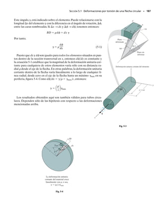 E J E M P L O 4.17
La barra mostrada en la figura 4-33a tiene un radio de 5 mm y está
hecha de un material elástico-perfectamente plástico para el cual
Y  420 MPa y E  70 GPa, figura 4-33b. Si se aplica una fuerza
P  60 kN a la barra y luego se retira, determine el esfuerzo residual
en la barra y el desplazamiento permanente del collarín en C.
Solución
El diagrama de cuerpo libre de la barra se muestra en la figura 4-33b.
Por inspección, la barra es estáticamente indeterminada. La aplica-
ción de la carga P tendrá una de las tres siguientes consecuencias: que
ambos segmentos AC y CB permanezcan elásticos, que AC se plasti-
fique mientras CB permanece elástico o que AC y CB se plastifiquen.*
Un análisis elástico,similar al visto en la sección 4.4,dará FA  45 kN
y FB  15 kN en los soportes. Sin embargo, esto conduce a un esfuer-
zo de:
en el segmento AC, y
en el segmento CB. Como el material en el segmento AC fluirá, su-
pondremos que AC se plastifica mientras que CB permanece elástico.
Para este caso, la fuerza máxima posible generable en AC es:
y, por equilibrio de la barra, figura 4-33b,
El esfuerzo en cada segmento de la barra es por tanto:
Esfuerzo residual. Para obtener el esfuerzo residual, es necesario
también conocer la deformación unitaria en cada segmento debido
a la carga. Como CB responde elásticamente,
dC =
FBLCB
AE
=
127.0 kN210.300 m2
p10.005 m22
[701106
2 kNm2
]
= 0.001474 m
sCB =
27.0 kN
p10.005 m22
= 344 MPa 1tension2 6 420 MPa 1OK2
sAC = sY = 420 MPa 1compression2
FB = 60 kN - 33.0 kN = 27.0 kN
= 33.0 kN
1FA2Y = sYA = 4201103
2 kNm2
[p10.005 m22
]
sCB =
15 kN
p10.005 m22
= 191 MPa 1tension2
sAC =
45 kN
p10.005 m22
= 573 MPa 1compression2 7 sY = 420 MPa
174 • CAPÍTULO 4 Carga axial
(compresión)
(tensión)
(compresión)
(tensión)
100 mm
300 mm
C
A B
P= 60 kN
(a)
C P= 60 kN
A B
FA FB
(b)
Fig. 4-33
(OK)
04-Hibbeler 30/8/56 10:52 AM Página 174
 