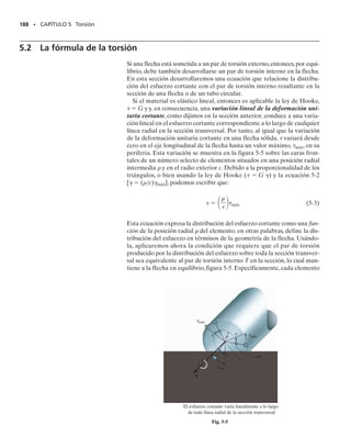 Así,
También, como C es conocida, la deformación unitaria en AC es:
Por tanto, cuando se aplica P, el comportamiento esfuerzo-deformación
unitaria para el material en el segmento CB se mueve de O a A′, figura
4-33c, y para el material en el segmento AC se mueve de O a B′. Si se
aplica la carga P en sentido opuesto, en otras palabras, si se retira la car-
ga, ocurre entonces una respuesta elástica y fuerzas opuestas de FA 
45 kN y FB  15 kN deben aplicarse a cada segmento. Como se calculó
antes, esas fuerzas generan esfuerzos AC  573 MPa (tensión) y CB 
191 MPa (compresión), y en consecuencia, el esfuerzo residual en ca-
da miembro es:
Resp.
Resp.
Este esfuerzo de tensión es el mismo para ambos segmentos, lo que
era de esperarse. Note también que el comportamiento esfuerzo-de-
formación unitaria para el segmento AC se mueve de B′ a D′ en la fi-
gura 4-33c,mientras que el comportamiento esfuerzo-deformación uni-
taria para el segmento CB se mueve de A′ a C′.
Desplazamiento permanente. De la figura 4-33c, la deformación
unitaria residual en CB es:
por lo que el desplazamiento permanente de C es
Resp.
Podemos también obtener este resultado determinando la deforma-
ción unitaria residual ′AC en AC, figura 4-33c. Como la línea B′D′ tie-
ne una pendiente E, entonces:
Por tanto,
Finalmente,
Resp.
*La posibilidad de que CB se plastifique antes que AC, no puede ocurrir ya que cuan-
do el punto C se deforma, la deformación unitaria en AC (por ser éste más corto) siem-
pre será mayor que la deformación unitaria en CB.
dC = P¿ACLAC = -0.006555 1100 mm2 = 0.656 mm ;
P¿AC = PAC + dPAC = -0.01474 + 0.008185 = -0.006555
dPAC =
ds
E
=
1420 + 1532106
Pa
701109
2 Pa
= 0.008185
dC = P¿CBLCB = 0.002185 1300 mm2 = 0.656 mm ;
P¿CB =
s
E
=
1531106
2 Pa
701109
2 Pa
= 0.002185
1sCB2r = 344 MPa - 191 MPa = 153 MPa
1sAC2r = -420 MPa + 573 MPa = 153 MPa
PAC =
dC
LAC
= -
0.001474 m
0.100 m
= -0.01474
PCB =
dC
LCB
=
0.001474 m
0.300 m
= +0.004913
SECCIÓN 4.9 Esfuerzo residual • 175
– 420
420
344
153 E
AC
CB CB
= 0.004911
Y = 0.0060
AC
= – 0.01473
Y = – 0.0060
δ
σ(MPa)
∋
(c)
∋
∋
∋
∋
∋
∋ O (mm/mm)
04-Hibbeler 30/8/56 10:52 AM Página 175
 