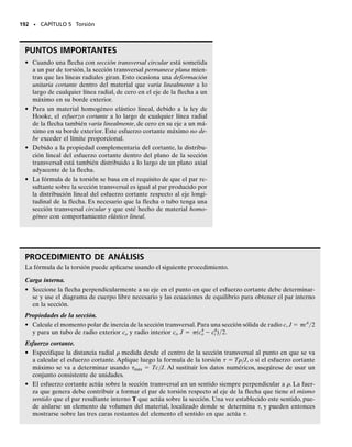 PROBLEMAS • 179
4-101. Una carga distribuida se aplica a una viga rígida,
la cual está soportada por tres barras como se muestra
en la figura. Cada barra tiene un área en su sección trans-
versal de 1.25 pulg2
y está hecha de un material que tiene
un diagrama esfuerzo-deformación unitaria que puede ser
aproximado por los dos segmentos de línea que se mues-
tran. Si se aplica a la viga una carga de w  25 klb/pie,
determine el esfuerzo en cada barra y el desplazamiento
vertical de la viga rígida.
4-102. Una carga distribuida es aplicada a una viga rígi-
da, la cual está soportada por tres barras, como se mues-
tra en la figura. Cada barra tiene un área transversal de
0.75 pulg2
y está hecha de un material que tiene un diagra-
ma de esfuerzo-deformación unitaria que puede represen-
tarse aproximadamente por los dos segmentos de línea que
se muestran.Determine la intensidad de la carga distribui-
da w necesaria para que la viga se desplace hacia abajo
1.5 pulg.
4-103. Una viga rígida está soportada por tres postes A,
B y C de igual longitud. Los postes A y C tienen un diá-
metro de 75 mm y están hechos de aluminio, para el cual
Eal  70 GPa y (Y)al  20 MPa. El poste B tiene un diá-
metro de 20 mm y está hecho de latón,para el cual Elatón 
100 GPa y (Y)latón  590 MPa. Determine la magnitud
más pequeña de P de modo que (a) sólo los postes A y C
fluyan y que (b) todos los postes fluyan.
*4-104. Una viga rígida está soportada por tres postes,
A, B y C. Los postes A y C tienen un diámetro de 60 mm
y están hechos de aluminio, para el cual Eal  70 GPa y
(Y)al  20 MPa. El poste B está hecho de latón, para el
cual Elatón  100 GPa y (Y)latón  590 MPa.Si P  130 kN,
determine el diámetro más grande del poste B de modo
que todos los postes fluyan al mismo tiempo.
al
2 m 2 m 2 m
A B
P P
C
latón al
2 m
Prob. 4-103
al
2 m 2 m 2 m
A B
P P
C
latón al
2 m
Prob. 4-104
5 pies
A C
B
w
4 pies 4 pies
60
36
0.0012 0.2
∋
(klb/pulg2)
s
(pulg/pulg)
Probs. 4-101/102
04-Hibbeler 30/8/56 10:52 AM Página 179
 