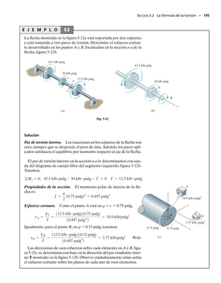 182 • CAPÍTULO 4 Carga axial
4-110. El remache de acero de 0.25 pulg de diámetro, el
cual se encuentra sometido a una temperatura de 1500 °F
conecta dos placas de modo que a esta temperatura tie-
ne 2 pulg de longitud y ejerce una fuerza de agarre de
250 lb entre las placas. Determine la fuerza aproximada
de agarre entre las placas cuando el remache se enfría a
70 °F. Suponga en el cálculo que las cabezas del remache
y las placas son rígidas. Considere ac  8(106
)/°F, Eac 
29(103
) klb/pulg2
. ¿Es el resultado una estimación conser-
vadora de la respuesta correcta? ¿Por qué sí o por qué no?
5 pulg 8 pulg
P/2
P/2
A B
Prob. 4-114
2 pulg
Prob. 4-110
P
0.25 pulg
0.25 pulg
5 pulg
0.25 pulg
P
2.5 pulg
1 pulg
Prob. 4-111
2 pies
3 pies
B C
A
Prob. 4-112
6 pulg 2 pulg
A B
C
P
Prob. 4-113
P R O B L E M A S D E R E P A S O
4-111. Determine la fuerza P máxima axial que puede
aplicarse a la placa de acero. El esfuerzo permisible es
perm  21 klb/pulg2
.
*4-112. Dos tubos de acero A-36, cada uno con un área
transversal de 0.32 pulg2
, están atornillados entre sí usan-
do una unión en B como se muestra. Originalmente el
conjunto está ajustado de tal manera que no hay carga
sobre los tubos. Si la unión se aprieta de manera que su
tornillo, con avance de 0.15 pulg, experimenta dos vuel-
tas completas, determine el esfuerzo normal promedio
desarrollado en los tubos. Suponga que la unión en B y
los coples en A y C son rígidos. Desprecie el tamaño de
la unión. Nota: el avance ocasiona que los tubos, descar-
gados, se acorten 0.15 pulg cuando la unión gira una vuel-
ta entera.
4-113. Una fuerza P se aplica a una barra compuesta
de un material elástico y perfectamente plástico. Cons-
truya una gráfica para mostrar como varía la fuerza en
cada sección AB y BC (ordenada) según aumenta P (abs-
cisa). La barra tiene áreas transversales de 1 pulg2
en la
región AB y de 4 pulg2
en región BC y Y  30 klb/pulg2
.
4-114. La barra de aluminio 2014-T6 tiene un diámetro
de 0.5 pulg y está ligeramente unida a los soportes rígi-
dos en A y B cuando T1  70 °F. Si la temperatura des-
ciende a T2  10 °F y se aplica una fuerza axial de P 
16 lb al collarín rígido como se muestra, determine las
reacciones en A y B.
04-Hibbeler 30/8/56 10:52 AM Página 182
 