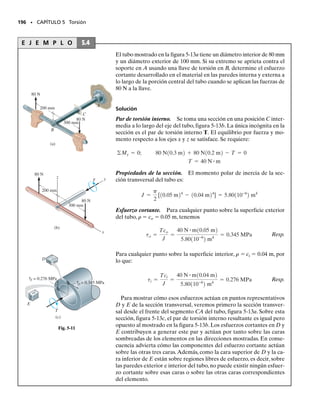 PROBLEMAS DE REPASO • 183
4-115. La barra de aluminio 2014-T6 tiene un diámetro
de 0.5 pulg y está ligeramente unida a los soportes rígi-
dos en A y B cuando T1  70°F. Determine la fuerza P
que debe aplicarse al collarín para que, cuando T  0 °F,
la reacción en B sea cero.
*4-116. El perno de acero tiene un diámetro de 7 mm
y está dentro de una camisa de aluminio como se mues-
tra. La camisa tiene un diámetro interior de 8 mm y un
diámetro exterior de 10 mm. La tuerca en A está ajusta-
da de manera que apenas apriete contra la camisa. Si la
tuerca se aprieta media vuelta,determine la fuerza en el per-
no y en la camisa. El tornillo de cuerda simple del perno
tiene un avance de 1.5 mm. Eac  200 GPa y Eal  70
GPa. Nota: el avance representa la distancia que la tuer-
ca avanza a lo largo del perno en una vuelta completa de
la tuerca.
4-117. El perno de acero tiene un diámetro de 7 mm y
está dentro de una camisa de aluminio como se muestra.
La camisa tiene un diámetro interior de 8 mm y un diá-
metro exterior de 10 mm. La tuerca en A está ajustada
de manera que apenas si aprieta contra la camisa. Deter-
mine la cantidad de vueltas que la tuerca en A debe gi-
rar para que la fuerza en el perno y en la camisa sea de
12 kN. El tornillo de cuerda simple en el perno tiene un
avance de 1.5 mm. Eac  200 GPa, Eal  70 GPa. Nota:
el avance representa la distancia que la tuerca avanza a
lo largo del perno en una vuelta completa de la tuerca.
5 pulg 8 pulg
P/2
P/2
A B
Prob. 4-115
A
100 mm
Probs. 4-116/117
25 pulg
15 pulg
30 pulg
300 lb
x
A B
D
C
Prob. 4-118
600 mm 200 mm 800 mm
100 mm
23 kN
23 kN
46 kN
A B
Prob. 4-119
4-118. La estructura consta de dos barras de acero A-36,
AC y BD, unidas a la viga rígida AB con peso de 100 lb.
Determine la posición x para la carga de 300 lb de modo
que la viga permanezca en posición horizontal antes y
después de aplicar la carga. Cada barra tiene un diáme-
tro de 0.5 pulg.
4-119. Una junta está hecha de tres placas de acero A-36
que están soldadas entre sí. Determine el desplazamien-
to del extremo A con respecto al extremo B cuando la
junta está sometida a las cargas axiales que se indican.
Cada placa tiene un espesor de 5 mm.
04-Hibbeler 30/8/56 10:52 AM Página 183
 
