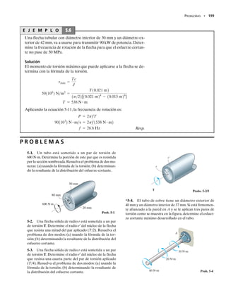 Así pues, si la flecha está fija en un extremo como se muestra en la fi-
gura 5-2 y se aplica un par de torsión en su otro extremo, el plano som-
breado se distorsionará en una forma oblicua como se muestra. Aquí se
ve que una línea radial ubicada en la sección transversal a una distancia
x del extremo fijo de la flecha girará un ángulo (x). El ángulo (x), así
definido, se llama ángulo de torsión. Depende de la posición de x y varia-
rá a lo largo de la flecha, como se muestra.
Para entender cómo esta distorsión deforma el material,aislaremos aho-
ra un elemento pequeño situado a una distancia radial  (rho) del eje de
la flecha, figura 5-3. Debido a la deformación, figura 5-2, las caras frontal
y posterior del elemento sufrirán una rotación.La que está en x gira (x),
y la que está en x  x gira (x) . Como resultado, la diferencia de
estas rotaciones, , ocasiona que el elemento quede sometido a una de-
formación unitaria cortante. Para calcular esta deformación unitaria, ob-
serve que antes de la deformación el ángulo entre los bordes AC y AB es
de 90°; sin embargo, después de la deformación, los bordes del elemento
son AD y AC y el ángulo entre ellos es ′. De la definición de deforma-
ción unitaria cortante, ecuación 2-4, tenemos:
186 • CAPÍTULO 5 Torsión
Fig. 5–1a
Antes de la deformación
(a)
Después de la deformación
(b)
Las líneas
longitudinales
se vuelven hélices
Los círculos
permanecen
circulares
Las líneas radiales
permanecen rectas
T
T
Fig. 5-1
Fig. 5-2
T
x
y
x
f( )
x
El ángulo de torsión f(x) se incrementa
conforme x aumenta.
Plano sin deformar
Plano
deformado
z
Note la deformación del elemento rectangu-
lar cuando esta barra de hule es sometida a
un par de torsión.
g =
p
2
- lím u'
C:A a lo largo de CA
B:A a lo largo de BA
Fig. 5-1
05-Hibbeler 30/8/56 10:58 AM Página 186
 