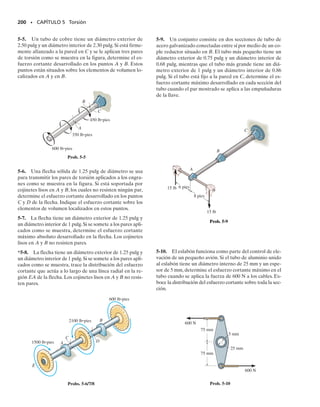 x + x
T
y
x
z
x
c
ρ
Deformación unitaria cortante del elemento
C
φ( )
x
A
γ
D
B
γ
ρ
θ
φ
∆
Plano
deformado
Plano sin
deformar
x
′
∆
Este ángulo,, está indicado sobre el elemento. Puede relacionarse con la
longitud x del elemento y con la diferencia en el ángulo de rotación,,
entre las caras sombreadas. Si x → dx y  → d, tenemos entonces:
BD  d  dx 
Por tanto,
   (5-1)
Puesto que dx y d son iguales para todos los elementos situados en pun-
tos dentro de la sección transversal en x, entonces d/dx es constante y
la ecuación 5-1 establece que la magnitud de la deformación unitaria cor-
tante para cualquiera de estos elementos varía sólo con su distancia ra-
dial  desde el eje de la flecha. En otras palabras, la deformación unitaria
cortante dentro de la flecha varía linealmente a lo largo de cualquier lí-
nea radial, desde cero en el eje de la flecha hasta un máximo máx en su
periferia, figura 5-4. Como d/dx  /  máx/c, entonces:
=	

c
	máx
Los resultados obtenidos aquí son también válidos para tubos circu-
lares. Dependen sólo de las hipótesis con respecto a las deformaciones
mencionadas arriba.
d
	
dx
SECCIÓN 5.1 Deformaciones por torsión de una flecha circular • 187
Fig. 5-4
Fig. 5-3
c
dφ
dx
La deformación unitaria
cortante del material crece
linealmente con r, o sea,
g  (r/c)gmáx
ρ
γmáx
γ
05-Hibbeler 30/8/56 10:58 AM Página 187
 