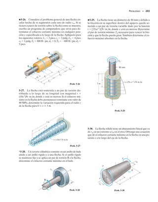 Flecha sólida. Si la flecha tiene una sección transversal circular sólida,
el momento polar de inercia J puede determinarse usando un elemento
de área en forma de anillo diferencial o corona circular que tenga un es-
pesor d y una circunferencia 2, figura 5-6. Para este anillo, dA  2
d, de modo que:
(5-8)
Advierta que J es una propiedad geométrica del área circular y es siem-
pre positiva. Las unidades comunes usadas para ella son mm4
o pulg4
.
Hemos mostrado que el esfuerzo cortante varía linealmente a lo largo
de toda línea radial de la sección transversal de la flecha. Sin embargo, si
un elemento de volumen de material sobre la sección transversal es ais-
lado,entonces debido a la propiedad complementaria del cortante,esfuer-
zos cortantes iguales deben también actuar sobre cuatro de sus caras ad-
yacentes como se muestra en la figura 5-7a. Por consiguiente, no sólo el
par interno de torsión T desarrolla una distribución lineal del esfuerzo
cortante a lo largo de toda línea radial en el plano de la sección trans-
versal, sino también una distribución asociada del esfuerzo cortante a
lo largo de un plano axial,figura 5-7b.Es interesante observar que,a cau-
sa de esta distribución axial de esfuerzo cortante, las flechas hechas de
madera tienden a rajarse a lo largo del plano axial cuando se las somete
a un par de torsión excesivo, figura 5-8. Esto sucede debido a que la ma-
dera es un material anisotrópico. Su resistencia al corte paralelo a sus fi-
bras o granos, dirigida a lo largo del eje de la flecha, es mucho menor que
su resistencia perpendicular a las fibras, dirigida en el plano de la sección
transversal.
190 • CAPÍTULO 5 Torsión
J = A
r2
dA = 
c
0
r2
12pr dr2 = 2p
c
0
r3
dr = 2pa
1
4
br4
`
0
c
J =
p
2
c4
T T
Falla de una flecha de madera por torsión.
Fig. 5-8
(a)
T
máx
máx
máx
El esfuerzo cortante varía linealmente a lo largo
de toda línea radial de la sección transversal.
(b)
Fig. 5-7
dρ
c
ρ
Fig. 5-6
05-Hibbeler 30/8/56 10:58 AM Página 190
 