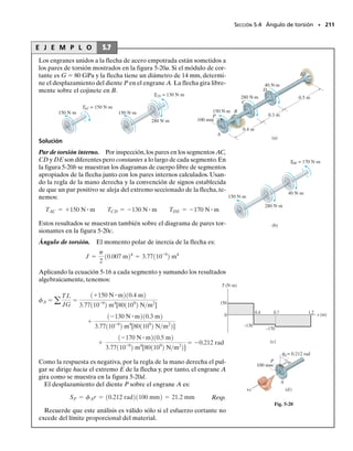 5.3 Transmisión de potencia
Las flechas y los tubos que tienen secciones transversales circulares se
usan a menudo para transmitir la potencia desarrollada por una máqui-
na.Cuando se usan para este fin,quedan sometidos a pares de torsión que
dependen de la potencia generada por la máquina y de la velocidad an-
gular de la flecha. La potencia se define como el trabajo efectuado por
unidad de tiempo. El trabajo transmitido por una flecha en rotación es
igual al par de torsión aplicado por el ángulo de rotación. Por tanto, si du-
rante un instante de tiempo dt un par de torsión aplicado T ocasiona que
la flecha gire un ángulo d, entonces la potencia instantánea es:
Puesto que la velocidad angular es 
  d/dt, podemos también expresar
la potencia como:
(5-10)
En el sistema SI, la potencia se expresa en watts cuando el par de tor-
sión se mide en newton-metro (N m) y 
 se expresa en radianes por se-
gundo (rad/s) (1 W  1 N m/s). En el sistema pie-libra-segundo o siste-
ma FPS, las unidades básicas de la potencia son pie-libra por segundo
(pie  lb/s); sin embargo, en la práctica se usa más a menudo el caballo de
potencia (hp), en donde:
1 hp  550 pies libra/s
Para la maquinaria, a menudo se reporta la frecuencia, f, de rotación de
la flecha. Ésta es una medida del número de revoluciones o ciclos de la
flecha por segundo y se expresa en hertz (1 Hz  1 ciclo/s). Puesto que
1 ciclo  2 rad, entonces 
  2f y la ecuación anterior para la poten-
cia resulta
(5-11)
Diseño de una flecha. Cuando la potencia transmitida por una flecha
y su frecuencia se conocen,el par de torsión desarrollado en la flecha pue-
de determinarse con la ecuación 5-11, esto es, T  P/2f. Conociendo T
y el esfuerzo cortante permisible para el material, 
perm, podemos deter-
minar el tamaño de la sección transversal de la flecha usando la fórmula
de la torsión, siempre que el comportamiento del material sea elástico-li-
neal. Específicamente, el parámetro geométrico o de diseño J/c es:
(5-12)
Para una flecha sólida, J  (/2)c4
, y entonces, al sustituir, puede deter-
minarse un valor único para el radio c de la flecha. Si la flecha es tubular,
de modo que J  (/2)(co
4
 