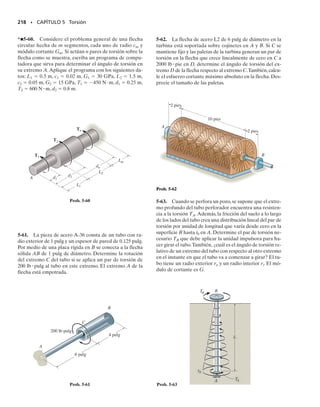 PROBLEMAS • 203
5-26. Considere el problema general de una flecha cir-
cular hecha de m segmentos cada uno de radio cm. Si se
tienen n pares de torsión sobre la flecha como se muestra,
escriba un programa de computadora que sirva para de-
terminar el esfuerzo cortante máximo en cualquier posi-
ción x especificada a lo largo de la flecha.Aplíquelo para
los siguientes valores: L1  2 pies, c1  2 pulg, L2  4 pies,
c2  1 pulg,T1  800 lbpie,d1  0,T2   