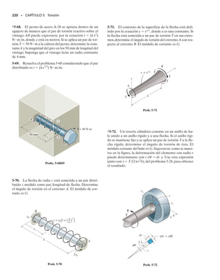 204 • CAPÍTULO 5 Torsión
5-31. Cuando se perfora un pozo a una velocidad angu-
lar constante, el extremo del tubo perforador encuentra
una resistencia TA a la torsión.También el suelo a lo largo
de los costados del tubo crea un par de fricción distribuido
a lo largo de su longitud, que varía uniformemente desde
cero en la superficie B hasta tA en A. Determine el par mí-
nimo TB que debe ser proporcionado por la unidad de
impulsión para vencer los pares resistentes,y calcule el es-
fuerzo cortante máximo en el tubo. El tubo tiene un radio
exterior ro y un radio interior ri.
204 • CAPÍTULO 5 Torsión
*5-32. La flecha impulsora AB de un automóvil está he-
cha con un acero que tiene un esfuerzo cortante permisi-
ble de 
perm  8 klb/pulg2
. Si el diámetro exterior es de
2.5 pulg y el motor desarrolla 200 hp cuando la flecha gi-
ra a 1140 rpm,determine el espesor mínimo requerido pa-
ra la pared de la flecha.
5-33. La flecha impulsora AB de un automóvil va a ser
diseñada como un tubo de pared delgada. El motor desa-
rrolla 150 hp cuando la flecha gira a 1500 rpm. Determine
el espesor mínimo de la pared de la flecha si su diámetro
exterior es de 2.5 pulg. El material tiene un esfuerzo cor-
tante permisible de 
perm  7 klb/pulg2
.
*5-36. La flecha motriz de un tractor está hecha de un
tubo de acero que tiene un esfuerzo cortante permisible

perm  6 klb/pulg2
. Si el diámetro exterior es de 3 pulg y
el motor suministra 175 hp a la flecha al girar a 1250 rpm,
determine el espesor mínimo requerido para la pared de
la flecha.
5-37. Un motor entrega 500 hp a la flecha de acero AB,
que es tubular y tiene un diámetro exterior de 2 pulg y un
diámetro interior de 1.84 pulg. Determine la velocidad
angular más pequeña a la que puede girar la flecha si el
esfuerzo cortante permisible del material es 
perm 
25 klb/pulg2
.
5-38. La flecha de 0.75 pulg de diámetro para el motor
eléctrico desarrolla 0.5 hp y gira a 1740 rpm. Determine el
par de torsión generado y calcule el esfuerzo cortante má-
ximo en la flecha. La flecha está soportada por cojinetes
de bolas en A y B.
5-34. La flecha motriz de un tractor va a ser diseñada co-
mo un tubo de pared delgada. El motor entrega 200 hp
cuando la flecha está girando a 1200 rpm.Determine el es-
fuerzo mínimo para la pared de la flecha si el diámetro
exterior de ésta es de 3 pulg. El material tiene un esfuer-
zo cortante permisible 
perm  7 klb/pulg2
.
5-35. Un motor suministra 500 hp a la flecha de acero
AB, que es tubular y tiene un diámetro exterior de 2 pulg.
Determine su diámetro interno más grande al 	
1
8
	 pulg más
cercano,cuando gira a 200 rad/s si el esfuerzo cortante per-
misible del material es 
perm  25 klb/pulg2
.
L
B
TB
TA
TA
tA
A
Prob. 5-31
6 pies
A B
Probs. 5-34/35
A
B
Probs. 5-32/33
6 pies
A B
Probs. 5-36/37/38
05-Hibbeler 30/8/56 10:58 AM Página 204
 