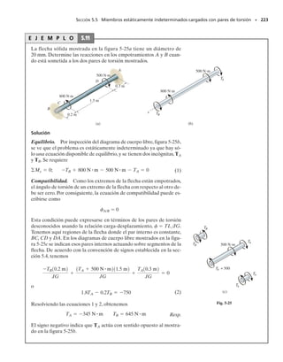 Ya que es aplicable la ley de Hooke,   
/G, y que el esfuerzo cortante
puede expresarse en términos del par de torsión aplicado usando la formu-
la de la torsión 
  T(x)/J(x), entonces   T(x)/J(x)G. Sustituyendo
este resultado en la ecuación 5-13,el ángulo de torsión para el disco es en-
tonces:
Integrando sobre toda la longitud L de la flecha, obtenemos el ángulo de
torsión para toda la flecha, esto es,
(5-14)
Aquí,
  ángulo de torsión de un extremo de la flecha con respecto al otro,
medido en radianes
T(x)  par de torsión interno en una posición arbitraria x, hallado a par-
tir del método de las secciones y de la ecuación del equilibrio de
momentos aplicada con respecto al eje de la flecha
J(x)  momento polar de inercia de la flecha expresado en función de la
posición x
G  módulo de rigidez del material
Par de torsión y área de la sección transversal constantes. Por
lo común, en la práctica de la ingeniería el material es homogéneo por lo
que G es constante. Además, el área transversal de la flecha y el par de
torsión aplicado son constantes a lo largo de la longitud de la flecha, fi-
gura 5-16. Si éste es el caso, el par de torsión interno T(x)  T, el mo-
mento polar de inercia J(x)  J, y la ecuación 5-14 puede ser integrada, lo
cual da:
(5-15)
Las similitudes entre las dos ecuaciones anteriores y aquellas para una barra
cargada axialmente (  ∫P(x)dx/A(x)E y   PL/AE) son notorias.
SECCIÓN 5.4 Ángulo de torsión • 207
Al calcular el esfuerzo y el ángulo de tor-
sión de esta perforadora de suelo, es nece-
sario considerar la carga variable que actúa
a lo largo de su longitud.
L
φ
T
T
Fig. 5-16
df =
T1x2
J1x2G
dx
f = 
L
0
T1x2 dx
J1x2G
f =
TL
JG
05-Hibbeler 30/8/56 10:58 AM Página 207
 