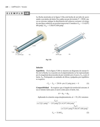 Podemos usar la ecuación 5-15 para determinar el módulo de elastici-
dad por cortante G del material. Para hacerlo se sitúa una probeta de en-
sayo de longitud y diámetro conocidos en una máquina para ensayos de
torsión como la que se muestra en la figura 5-17. El par de torsión T y el
ángulo de torsión  se miden entonces entre una longitud calibrada L.
Usando la ecuación 5-15, G  TL/J. Normalmente, para obtener un va-
lor de G más confiable, se efectúan varias de estas pruebas y se emplea el
valor promedio.
Si la flecha está sometida a varios pares de torsión diferentes,o si el área
de la sección transversal o el módulo de rigidez cambian abruptamente de
una región de la flecha a la siguiente, la ecuación 5-15 puede aplicarse a
cada segmento de la flecha en que estas cantidades sean todas constan-
tes. El ángulo de torsión de un extremo de la flecha con respecto al otro
se halla entonces por la suma vectorial de los ángulos de torsión de cada
segmento. En este caso,
(5-16)
Convención de signos. Con objeto de aplicar las ecuaciones anterio-
res debemos establecer una convención de signos para el par de torsión
interno y para el ángulo de torsión de un extremo de la flecha con respec-
to al otro. Para hacerlo usaremos la regla de la mano derecha, según la
cual tanto el par como el ángulo de torsión serán positivos si el pulgar se
aleja de la sección de la flecha cuando los dedos restantes se curvan para
indicar el sentido del par, figura 5-18.
Para ilustrar el uso de esta convención de signos, consideremos la fle-
cha mostrada en la figura 5-19a, la cual está sometida a cuatro pares de
torsión.Va a determinarse el ángulo de torsión del extremo A con respec-
to al extremo D. En este problema deberán considerarse tres segmentos
de la flecha,puesto que el par de torsión interno cambia en B y en C.Usan-
208 • CAPÍTULO 5 Torsión
Controles
del motor
Registrador
de la deformación
por torsión
Cabezal
fijo
Probeta
Motor
Cabezal
giratorio
Unidad móvil montada sobre rieles
Fig. 5-17
Cuadrante
de carga
Selector
del intervalo
de carga
f = a
TL
JG
05-Hibbeler 30/8/56 10:58 AM Página 208
 
