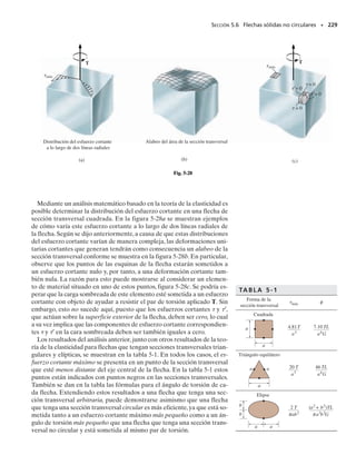 E J E M P L O 5.7
Los engranes unidos a la flecha de acero empotrada están sometidos a
los pares de torsión mostrados en la figura 5-20a. Si el módulo de cor-
tante es G  80 GPa y la flecha tiene un diámetro de 14 mm, determi-
ne el desplazamiento del diente P en el engrane A. La flecha gira libre-
mente sobre el cojinete en B.
SECCIÓN 5.4 Ángulo de torsión • 211
T = 170 Nm
DE
(b)
40 Nm
280 Nm
150 Nm
(a)
P
40 N·m
280 N·m
0.4 m
0.3 m
0.5 m
100 mm
A
B
C
D
E
150 N·m
280 Nm
150 Nm
T = 130 Nm
CD
T = 150 Nm
AC
150 Nm
(c)
T (Nm)
x (m)
150
0
–130
0.4 0.7 1.2
–170
(d)
φ = 0.212 rad
A
100 mm
+x
P sP
A
Fig. 5-20
Solución
Par de torsión interno. Por inspección,los pares en los segmentos AC,
CD y DE son diferentes pero constantes a lo largo de cada segmento.En
la figura 5-20b se muestran los diagramas de cuerpo libre de segmentos
apropiados de la flecha junto con los pares internos calculados. Usan-
do la regla de la mano derecha y la convención de signos establecida
de que un par positivo se aleja del extremo seccionado de la flecha, te-
nemos:
Estos resultados se muestran también sobre el diagrama de pares tor-
sionantes en la figura 5-20c.
Ángulo de torsión. El momento polar de inercia de la flecha es:
Aplicando la ecuación 5-16 a cada segmento y sumando los resultados
algebraicamente, tenemos:
Como la respuesta es negativa, por la regla de la mano derecha el pul-
gar se dirige hacia el extremo E de la flecha y, por tanto, el engrane A
gira como se muestra en la figura 5-20d.
El desplazamiento del diente P sobre el engrane A es:
Recuerde que este análisis es válido sólo si el esfuerzo cortante no
excede del límite proporcional del material.
TAC = +150 N # m TCD = -130 N # m TDE = -170 N # m
J =
p
2
10.007 m24
= 3.77110-9
2 m4
SP = fAr = 10.212 rad21100 mm2 = 21.2 mm
+
1-170 N # m210.5 m2
3.77110-9
2 m4
[801109
2 Nm2
2]
= -0.212 rad
+
1-130 N # m210.3 m2
3.77110-9
2 m4
[801109
2 Nm2
2]
fA = a
TL
JG
=
1+150 N # m210.4 m2
3.77110-9
2 m4
[801109
2 Nm2
]
Resp.
05-Hibbeler 30/8/56 10:58 AM Página 211
 