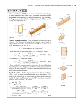 PROBLEMAS • 217
5-58. El motor de un helicóptero suministra 600 hp a la
flecha del rotor AB cuando las aspas están girando a
1200 rpm.Determine al 	
1
8
	 pulg más cercano el diámetro de
la flecha AB si el esfuerzo cortante permisible es 
perm 
8 klb/pulg2
y las vibraciones limitan el ángulo de torsión
de la flecha a 0.05 radianes. La flecha tiene 2 pies de lon-
gitud y está hecha de acero L2.
5-59. El motor de un helicóptero está entregando 600 hp
a la flecha del rotor AB cuando las aspas giran a 1200 rpm.
Determine al 	
1
8
	 pulg más cercano el diámetro de la flecha AB
si el esfuerzo cortante permisible es 
perm  10.5 klb/ pulg2
y las vibraciones limitan el ángulo de torsión de la flecha
a 0.05 radianes.La flecha tiene 2 pies de longitud y está he-
cha de acero L2.
5-57. El motor produce un par de torsión T  20 N m
sobre el engrane A. Si el engrane C se bloquea repentina-
mente de tal manera que no pueda girar, aunque B sí pue-
de girar libremente, determine el ángulo de torsión de F
con respecto a E y el de F con respecto a D de la flecha de
acero L2 que tiene un diámetro interior de 30 mm y un
diámetro exterior de 50 mm.También, calcule el esfuerzo
cortante máximo absoluto en la flecha. La flecha está so-
portada sobre cojinetes en G y H.
5-55. La flecha hueca de acero A-36 tiene 2 m de longi-
tud y un diámetro exterior de 40 mm. Cuando está giran-
do a 80 rad/s, transmite 32 kW de potencia del motor E al
generador G. Determine el espesor mínimo de la flecha si
el esfuerzo cortante permisible es 
perm  140 MPa y la fle-
cha está restringida a no torcerse más de 0.05 radianes.
*5-56. La flecha sólida de acero A-36 tiene 3 m de longi-
tud y un diámetro de 50 mm. Se requiere que transmita
35 kW de potencia del motor E al generador G. Determi-
ne la velocidad angular mínima que la flecha puede tener
si está restringida a no torcerse más de 1°.
5-54. La turbina desarrolla 150 kW de potencia que se
transmite a los engranes de manera que tanto C como D
reciben la misma cantidad. Si la rotación de la flecha de
acero A-36 de 100 mm de diámetro es 
  500 rpm, deter-
mine el esfuerzo cortante máximo absoluto en la flecha y
la rotación del extremo B de ésta respecto al extremo E.
El cojinete en E permite que la flecha gire libremente al-
rededor de su eje.
3 m
B
C
D
E
4 m
2 m
v
E G
Probs. 5-55/56
A
B
60 mm
40 mm
0.8 m 0.4 m
0.2 m
30 mm
100 mm
0.2 m
G
B
E H
A
F
C
D
Prob. 5-57
Prob. 5-58/59
Prob. 5-54
05-Hibbeler 30/8/56 10:58 AM Página 217
 