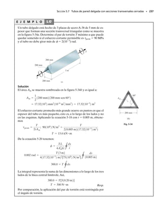 450 Nm, d1  0.25 m,
T2  600 N m, d2  0.8 m.
218 • CAPÍTULO 5 Torsión
5-61. La pieza de acero A-36 consta de un tubo con ra-
dio exterior de 1 pulg y un espesor de pared de 0.125 pulg.
Por medio de una placa rígida en B se conecta a la flecha
sólida AB de 1 pulg de diámetro. Determine la rotación
del extremo C del tubo si se aplica un par de torsión de
200 lb pulg al tubo en este extremo. El extremo A de la
flecha está empotrada.
5-63. Cuando se perfora un pozo,se supone que el extre-
mo profundo del tubo perforador encuentra una resisten-
cia a la torsión TA.Además, la fricción del suelo a lo largo
de los lados del tubo crea una distribución lineal del par de
torsión por unidad de longitud que varía desde cero en la
superficie B hasta t0 en A. Determine el par de torsión ne-
cesario TB que debe aplicar la unidad impulsora para ha-
cer girar el tubo.También,¿cuál es el ángulo de torsión re-
lativo de un extremo del tubo con respecto al otro extremo
en el instante en que el tubo va a comenzar a girar? El tu-
bo tiene un radio exterior ro y un radio interior ri. El mó-
dulo de cortante es G.
5-62. La flecha de acero L2 de 6 pulg de diámetro en la
turbina está soportada sobre cojinetes en A y B. Si C se
mantiene fijo y las paletas de la turbina generan un par de
torsión en la flecha que crece linealmente de cero en C a
2000 lbpie en D, determine el ángulo de torsión del ex-
tremo D de la flecha respecto al extremo C.También,calcu-
le el esfuerzo cortante máximo absoluto en la flecha. Des-
precie el tamaño de las paletas.
A
T1
T2
Tn
d1
d2
dn
L1
L2
Lm
Prob. 5-60
A
B
2 pies
2 pies
10 pies
D
C
6 pulg
4 pulg
A
C
B
200 lbpulg
Prob. 5-61
t0
L
A
B
TB
TA
Prob. 5-63
Prob. 5-62
05-Hibbeler 30/8/56 10:58 AM Página 218
 