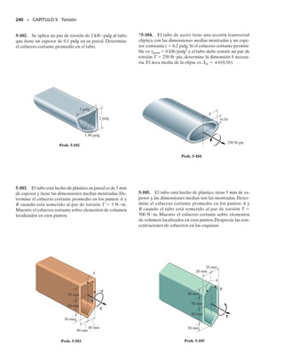 Una flecha sometida a torsión puede clasificarse como estáticamente in-
determinada si la ecuación de equilibrio por momentos, aplicada con res-
pecto al eje de la flecha, no es suficiente para determinar los pares de tor-
sión desconocidos que actúan sobre la flecha.En la figura 5-24a se muestra
un ejemplo de esta situación. Según se aprecia en el diagrama de cuerpo
libre, figura 5-24b, los pares de torsión reactivos en los soportes A y B son
desconocidos. Requerimos que:
Σ Mx=0; T-TA-TB=0
Puesto que aquí sólo se tiene una ecuación de equilibrio y existen dos in-
cógnitas,este problema es estáticamente indeterminado.Con objeto de ob-
tener una solución usaremos el método de análisis visto en la sección 4.4.
La condición necesaria de compatibilidad, o condición cinemática, re-
quiere que el ángulo de torsión de un extremo de la flecha con respecto
al otro extremo sea igual a cero, ya que los soportes en los extremos son
fijos. Por tanto,
A/B  0
Para escribir esta ecuación en términos de los pares de torsión descono-
cidos, supondremos que el material se comporta de modo elástico-lineal,
de modo que la relación carga-desplazamiento quede expresada por  
TL/JG.Considerando que el par interno en el segmento AC es TA y que
en el segmento CB el par interno es  