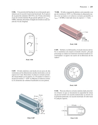 TB,figura 5-24c,la ecuación de com-
patibilidad anterior puede escribirse como:
Aquí se supone que JG es constante.
SECCIÓN 5.5 Miembros estáticamente indeterminados cargados con pares de torsión • 221
(b)
(c)
T
TA
TB
TA
TB
TA
TB
TALAC
JG
-
TBLBC
JG
= 0
LAC
LBC
L
C
(a)
T
A
B
Fig. 5-24
5.5 Miembros estáticamente indeterminados cargados
con pares de torsión
05-Hibbeler 30/8/56 10:58 AM Página 221
 