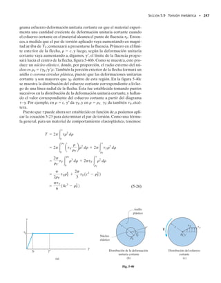 PROBLEMAS • 227
5-79. La flecha está hecha de una sección sólida AB de
acero y una porción tubular de acero con un núcleo de la-
tón. Si está empotrada en A y se aplica en C un par de tor-
sión T  50 lbpie, determine el ángulo de torsión que se
presenta en C y calcule el esfuerzo cortante y la deforma-
ción cortante máximos en el latón y en el acero. Conside-
re Gac  11.5(103
) klb/pulg2
y Glat  5.6(103
) klb/pulg2
.
*5-80. Las dos flechas de 3 pies de longitud están he-
chas de aluminio 2014-T6. Cada una tiene un diámetro de
1.5 pulg y están conectadas entre sí por medio de engra-
nes fijos a sus extremos. Sus otros extremos están empo-
trados en A y B. También están soportadas por cojinetes
en C y D, que permiten la libre rotación de las flechas res-
pecto a sus ejes.Si se aplica un par de torsión de 600 lbpie
al engrane superior como se muestra,determine el esfuer-
zo cortante máximo en cada flecha.
5-81. Las dos flechas, AB y EF, están empotradas en sus
extremos y conectadas a engranes conectados a su vez al
engrane común en C que está conectado a la flecha CD.
Si se aplica un par de torsión T  80 Nm al extremo D,
determine el ángulo de torsión en este extremo. Cada fle-
cha tiene un diámetro de 20 mm y están hechas de acero
A-36.
*5-84. La flecha ahusada está doblemente empotrada en
A y B. Si se aplica un par de torsión T en su punto medio,
determine las reacciones en los empotramientos.
5-83. La flecha de acero A-36 está hecha de dos seg-
mentos: AC tiene un diámetro de 0.5 pulg y CB tiene un
diámetro de 1 pulg. Si la flecha está empotrada en sus ex-
tremos A y B y está sometida a un par de torsión unifor-
memente distribuido de 60 lb  pulg/pulg a lo largo del
segmento CB, determine el esfuerzo cortante máximo ab-
soluto en la flecha.
5-82. Las dos flechas, AB y EF, están empotradas en sus
extremos y conectadas a engranes conectados a su vez al
engrane común en C que está conectado a la flecha CD.
Si se aplica un par de torsión T  80 Nm al extremo D,
determine el par de torsión en A y F. Cada flecha tiene un
diámetro de 20 mm y están hechas de acero A-36.
A
0.5 pulg
1 pulg
2 pies
3 pies
B
C
= 50 lbpie
T
L/2
T
c
A
2c
B
L/2
5 pulg
20 pulg
1 pulg
0.5 pulg
A
B
C
60 lbpulg/pulg
2 m
D
C
B
E
F
A
1.5 m
75 mm
50 mm
125 mm
T = 80 Nm
2 m
600 lbpie
3 pies
A
B
C
D
E
F
4 pulg
2 pulg
Prob. 5-83
Probs. 5-81/82
Prob. 5-84
Prob. 5-79
Prob. 5-80
05-Hibbeler 30/8/56 10:59 AM Página 227
 