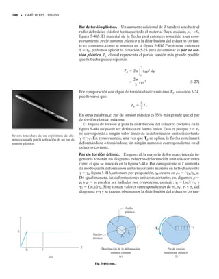 228 • CAPÍTULO 5 Torsión
228 • CAPÍTULO 5 Torsión
5-85. Una porción de la flecha de acero A-36 está some-
tida a un par de torsión linealmente distribuido. Si la fle-
cha tiene las dimensiones mostradas, determine las reac-
ciones en los empotramientos A y C.El segmento AB tiene
un diámetro de 1.5 pulg y el segmento BC un diámetro de
0.75 pulg.
5-86. Determine la rotación en la junta B y el esfuerzo
cortante máximo absoluto en la flecha del problema 5-85.
228 • CAPÍTULO 5 Torsión
5-87. La flecha de radio c está sometida a un par de tor-
sión distribuido t, medido como par/longitud de flecha.
Determine las reacciones en los empotramientos A y B.
No deformación
Fig. 5-27 T
T
Deformada
B
x
L
A
t = t0 1 +
x
—
L )2
t0
t0
2
)
(
(
Prob. 5-87
A
B
60 pulg
48 pulg
C
300 lbpulg/pulg
Probs. 5-85/86
En la sección 5.1 se demostró que cuando un par de torsión se aplica a
una flecha que tenga una sección transversal circular, es decir, que sea si-
métrica con respecto a su eje, las deformaciones unitarias cortantes va-
rían linealmente desde cero en el centro hasta un momento máximo en
su periferia.Además, debido a la uniformidad de la deformación cortan-
te en todos los puntos sobre el mismo radio, la sección transversal no se
deforma, sino que permanece plana después de que la flecha se ha torci-
do. Sin embargo, las flechas que no tienen una sección transversal circu-
lar no son simétricas con respecto a su eje, y a causa de que el esfuerzo
cortante en su sección transversal está distribuido de manera compleja,
sus secciones transversales pueden alabearse cuando la flecha se tuerce.
En la figura 5-27 puede observarse cómo se deforman las líneas de retícula
de una flecha que tiene una sección transversal cuadrada cuando la fle-
cha está sometida a torsión. Como consecuencia de esta deformación, el
análisis de la torsión en flechas no circulares resulta considerablemente
complicado y no se examinará en este texto.
*5.6 Flechas sólidas no circulares
Note la deformación que ocurre en el ele-
mento cuadrado cuando esta barra de hule
está sometida a un par de torsión.
05-Hibbeler 30/8/56 10:59 AM Página 228
 