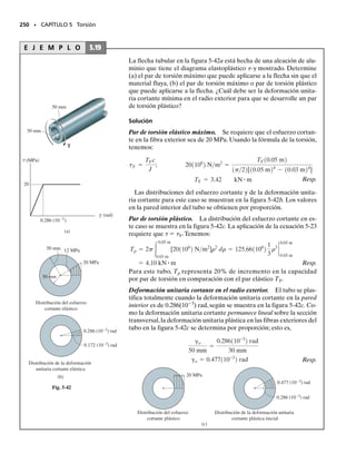 E J E M P L O 5.13
La flecha de aluminio 6061-T6 mostrada en la figura 5-29 tiene una sec-
ción transversal en forma de triángulo equilátero. Determine el par de
torsión T más grande que puede aplicarse al extremo de la flecha si el
esfuerzo cortante permisible es 
perm  8 klb/pulg2
y el ángulo de tor-
sión máximo permitido en su extremo es de perm=0.02 rad.¿Qué par
de torsión puede aplicarse a una flecha de sección circular hecha con
la misma cantidad de material?
Solución
Por inspección, el par de torsión interno resultante en cualquier sec-
ción transversal a lo largo del eje de la flecha es también T. Con las
fórmulas para 
máx y  de la tabla 5-1, se requiere:
También,
Resp.
Por comparación, se ve que el par de torsión más grande es limitado
por el ángulo de torsión permisible.
Sección transversal circular. Si se va a usar la misma cantidad de alu-
minio para una flecha de igual longitud con sección transversal circu-
lar, debemos calcular primero el radio de ésta.Tenemos:
Por los requisitos de esfuerzo y ángulo de torsión se requiere:
Nuevamente, el ángulo de torsión limita al par aplicable.
Comparando este resultado (233 lb  pulg) con el dado antes
(170 lbpulg),se ve que una flecha con sección transversal circular pue-
de soportar 37% más par de torsión que una con sección transversal
triangular.
230 • CAPÍTULO 5 Torsión
60°
1.5 pulg
4 pies
T
Fig. 5-29
T = 1350 lb # pulg
81103
2 lbpulg2
=
20T
11.5 pulg23
tperm =
20T
a3
;
T = 170 lb # pulg
0.02 rad =
46T14 pies2112 pulgpie2
11.5 pulg24
[3.71106
2 lbpulg2
]
fperm =
46TL
a4
Gal
;
c = 0.557 pulg
pc2
=
1
2
11.5 pulg211.5 sen 60°2
Acírculo = Atriángulo;
T = 233 lb # pulg
0.02 rad =
T14 pies2112 pulgpie)
1p2210.557 pulg 2
4
[3.71106
2 lbpulg2
]
fperm =
TL
JGal
;
T = 2170 lb # pulg
81103
2 lbpulg2
=
T10.557 pulg2
1p2210.557 pulg4
2
tperm =
Tc
J
;
05-Hibbeler 30/8/56 10:59 AM Página 230
 