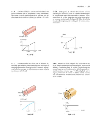 E J E M P L O 5.16
Un tubo cuadrado de aluminio tiene las dimensiones mostradas en
la figura 5-33a. Determine el esfuerzo cortante promedio en el punto
A del tubo cuando éste está sometido a un par de torsión de 85 lb pie.
Calcule también el ángulo de torsión debido a esta carga. Considere
Gal  3.80(103
) klb/pulg2
.
Solución
Esfuerzo cortante promedio. Por inspección, el par de torsión inter-
no resultante en la sección transversal donde se encuentra A es T 
85 lb pie. De la figura 5-33b, el área Am que aparece sombreada, es:
Aplicando la ecuación 5-18,
Resp.
Como t es constante, excepto en las esquinas, el esfuerzo cortante pro-
medio es el mismo en todos los puntos de la sección transversal. En la
figura 5-33c se muestra actuando sobre un elemento localizado en el
punto A.Advierta que 
prom actúa hacia arriba sobre la cara sombrea-
da, contribuyendo así a generar el par T interno resultante en la sec-
ción.
Ángulo de torsión. El ángulo de torsión generado por T se determi-
na con la ecuación 5-20, esto es,
La integral en esta expresión representa la longitud de la línea central
limítrofe del tubo, figura 5-33b.Así,
Resp.
236 • CAPÍTULO 5 Torsión
5 pies
85 lb·pies
A
3 pulg
3 pulg
0.5 pulg
(a)
0.5 pulg
Am = 12.5 pulg212.5 pulg2= 6.25 pulg2
tprom =
T
2tAm
=
85 lb # pie112 pulg pie2
210.5 pulg216.25 pulg2
2
= 163 lb/pulg
= 0.206110-3
2 pulg-1
C
ds
f =
TL
4Am
2
G C
ds
t
=
85 lb # pie112 pulg pie215 pies2112 pulgpie2
416.25 pulg2
22
[3.801106
2 lbpulg2
]
C
ds
10.5 pulg2
f = 0.206110-3
2 pulg-1
[412.5 pulg2] = 2.06110-3
2 rad
2.5 pulg
Am
2.5 pulg
(b)
(c)
163 lb/pulg2
A
Fig. 5-33
05-Hibbeler 30/8/56 10:59 AM Página 236
 