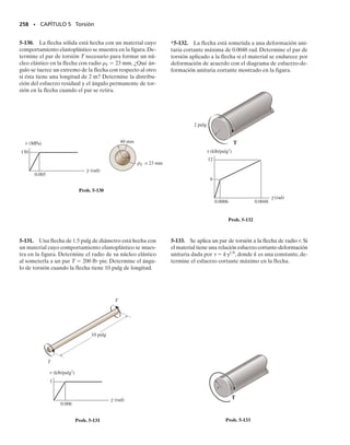 E J E M P L O 5.17
Un tubo delgado está hecho de 3 placas de acero A-36 de 5 mm de es-
pesor que forman una sección transversal triangular como se muestra
en la figura 5-34a. Determine el par de torsión T máximo a que puede
quedar sometido si el esfuerzo cortante permisible es 
perm  90 MPa
y el tubo no debe girar más de   2(10 