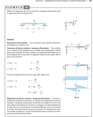 *5.9 Torsión inelástica
SECCIÓN 5.9 Torsión inelástica • 245
Las ecuaciones para el esfuerzo y la deformación desarrolladas hasta aho-
ra son válidas solamente si el par de torsión aplicado ocasiona que el ma-
terial se comporte de manera elástico-lineal. Sin embargo, si las cargas de
torsión son excesivas, el material puede fluir y, por consiguiente, deberá
usarse entonces un “análisis plástico” para determinar la distribución del
esfuerzo cortante y el ángulo de torsión. Para llevar a cabo este análisis es
necesario satisfacer las condiciones tanto de deformación como de equi-
librio en la flecha.
En la sección 5.1 se mostró que las deformaciones unitarias cortantes
que se desarrollan en el material deben variar linealmente desde cero en
el centro de la flecha hasta un máximo en su límite exterior, figura 5-38a.
Esta conclusión se basó enteramente en consideraciones geométricas y
no en el comportamiento del material. También el par de torsión resul-
tante en la sección debe ser equivalente al par de torsión causado por to-
da la distribución de esfuerzo cortante sobre la sección transversal. Esta
condición puede expresarse matemáticamente considerando el esfuerzo
cortante 
 que actúa sobre un elemento de área dA localizado a una dis-
tancia  del centro de la flecha, figura 5-38b. La fuerza producida por es-
te esfuerzo es dF  
 dA, y el par de torsión producido es dT   dF 

 dA. Para toda la flecha se requiere que:
(5-22)
Si el área dA sobre la cual actúa 
 puede definirse como un anillo dife-
rencial que tiene un área de dA  2 d, figura 5-38c, entonces la ecua-
ción anterior puede escribirse como:
(5-23)
Estas condiciones de geometría y carga serán usadas ahora para deter-
minar la distribución del esfuerzo cortante en una flecha cuando está so-
metida a tres tipos de par de torsión.
T = A
rt dA
c
γmáx
(a)
Distribución lineal
esfuerzo-deformación unitaria
(b)
ρ
dA
T
(c)
ρ
dA
dρ
= 2πρ dρ
T = 2pA
tr2
dr
Fig. 5-38
05-Hibbeler 30/8/56 10:59 AM Página 245
 