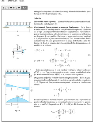 Par elástico máximo. Si el par de torsión produce la máxima defor-
mación unitaria cortante elástica Y en el límite exterior de la flecha, en-
tonces la distribución de la deformación unitaria cortante a lo largo de
una línea radial de la flecha será como la mostrada en la figura 5-39b. Pa-
ra establecer la distribución del esfuerzo cortante, debemos usar ya sea la
ley de Hooke o hallar los valores correspondientes del esfuerzo cortante
a partir del diagrama 
- del material, figura 5-39a. Por ejemplo, una de-
formación unitaria cortante Y produce el esfuerzo cortante 
Y en   c.
De la misma manera, en   1, la deformación unitaria cortante es 1 
(1/c)Y. Según el diagrama 
-, 1 produce 
1. Cuando estos esfuerzo y
otros como ellos se trazan en   c,   1, etc., resulta la distribución de
esfuerzo cortante lineal esperada en la figura 5-39c. Puesto que esta dis-
tribución de esfuerzo cortante puede describirse matemáticamente como

  
Y (/c), el par máximo de torsión elástica puede determinarse a par-
tir de la ecuación 5-23, es decir,
o
(5-24)
Este mismo resultado puede, por supuesto, obtenerse de una manera
más directa usando la fórmula de la torsión, es decir, 
Y  TYc/[(/2)c4
].
Además, el ángulo de torsión puede determinarse a partir de la ecuación
5-13, como sigue:
(5-25)
Como se observó en la sección 5.4, esta ecuación da por resultado  
TL/JG, cuando la flecha está sometida a un par de torsión constante y tie-
ne un área transversal constante.
Par de torsión elastoplástico. Consideremos ahora que el material
de la flecha exhibe un comportamiento plástico perfectamente elástico.
Como se muestra en la figura 5-40a, esto está caracterizado por un dia-
246 • CAPÍTULO 5 Torsión
Fig.
Y
γY
γ1
1
γ
(a)
1
c
ρ
γY
(b)
Distribución de la deformación
unitaria cortante
1
γ
Fig. 5-39
c
1 Y
1
ρ
(c)
Distribución del esfuerzo cortante
T
TY = 2p
c
0
tY a
r
c
br2
dr
TY =
p
2
tYc3
df = g
dx
r
05-Hibbeler 30/8/56 10:59 AM Página 246
 