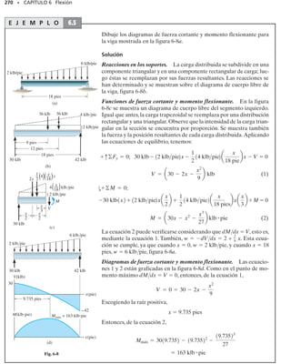 Par de torsión plástico. Un aumento adicional de T tenderá a reducir el
radio del núcleo elástico hasta que todo el material fluya, es decir, Y → 0,
figura 5-40b. El material de la flecha está entonces sometido a un com-
portamiento perfectamente plástico y la distribución del esfuerzo cortan-
te es constante, como se muestra en la figura 5-40d. Puesto que entonces

  
Y, podemos aplicar la ecuación 5-23 para determinar el par de tor-
sión plástico, Tp, el cual representa el par de torsión más grande posible
que la flecha puede soportar.
Por comparación con el par de torsión elástico máximo TY,ecuación 5-24,
puede verse que:
En otras palabras,el par de torsión plástico es 33% más grande que el par
de torsión elástico máximo.
El ángulo de torsión  para la distribución del esfuerzo cortante en la
figura 5-40d no puede ser definido en forma única. Esto es porque 
  
Y
no corresponde a ningún valor único de la deformación unitaria cortante
  Y. En consecuencia, una vez que Tp se aplica, la flecha continuará
deformándose o torciéndose, sin ningún aumento correspondiente en el
esfuerzo cortante.
Par de torsión último. En general, la mayoría de los materiales de in-
geniería tendrán un diagrama esfuerzo-deformación unitaria cortantes
como el que se muestra en la figura 5-41a. Por consiguiente si T aumenta
de modo que la deformación unitaria cortante máxima en la flecha resulte
  u,figura 5-41b,entonces,por proporción,Y ocurre en Y  (Y/u)c.
De igual manera, las deformaciones unitarias cortantes en, digamos,  
1 y   2 pueden ser halladas por proporción, es decir, 1  (1/c)u y
2  (2/c)u. Si se toman valores correspondientes de 
1, 
Y, 
2 y 
u del
diagrama 
- y se trazan, obtenemos la distribución del esfuerzo cortan-
248 • CAPÍTULO 5 Torsión
Severa torcedura de un espécimen de alu-
minio causada por la aplicación de un par de
torsión plástico.
Y
γY γ
γ
(d)

Y
c
ρ
γ
γY
(e)
Distribución de la deformación
unitaria cortante
Anillo
plástico
Núcleo
elástico

Tp Y
(f)
Par de torsión
totalmente plástico
c
=
2p
3
tYc3
Tp = 2p
c
0
tYr2
dr
Tp =
4
3
TY
Fig. 5-40 (cont.)
(5-27)
05-Hibbeler 30/8/56 10:59 AM Página 248
 