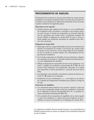 Tres dimensiones. Veremos después en este texto cómo relacionar las
cargas resultantes,FR y MRO
,con la distribución de fuerza sobre el área sec-
cionada y desarrollaremos ecuaciones que puedan usarse para el análisis
y diseño del cuerpo. Sin embargo, para hacer esto deben considerarse las
componentes de FR y MRO
,actuando normal o perpendicularmente al área
seccionada y dentro del plano del área, figura 1-2d. Cuatro tipos diferen-
tes de cargas resultantes pueden entonces definirse como sigue:
Fuerza normal, N. Esta fuerza actúa perpendicularmente al área. Ésta
se desarrolla siempre que las fuerzas externas tienden a empujar o a jalar
sobre los dos segmentos del cuerpo.
Fuerza cortante, V. La fuerza cortante reside en el plano del área y se
desarrolla cuando las cargas externas tienden a ocasionar que los dos seg-
mentos del cuerpo resbalen uno sobre el otro.
Momento torsionante o torca, T. Este efecto se desarrolla cuando las
cargas externas tienden a torcer un segmento del cuerpo con respecto al
otro.
Momento flexionante, M. El momento flexionante es causado por las
cargas externas que tienden a flexionar el cuerpo respecto a un eje que se
encuentra dentro del plano del área.
En este texto,advierta que la representación de un momento o una tor-
ca se muestra en tres dimensiones como un vector con una flecha curva
asociada. Por la regla de la mano derecha, el pulgar da el sentido de la fle-
cha del vector y los dedos recogidos indican la tendencia de rotación (tor-
sión o flexión).Usando un sistema coordenado x,y,z,cada una de las car-
gas anteriores puede ser determinada directamente de las seis ecuaciones
de equilibrio aplicadas a cualquier segmento del cuerpo.
8 • CAPÍTULO 1 Esfuerzo
(d)
O
F1 F2
N
T
M
V
Momento
de torsión
Momento
flexionante
Fuerza
cortante
FR
Fuerza
normal
MRO
F1 F2
O
MRO FR
(c)
Fig. 1-2 (cont.)
01-Hibbeler 28/8/56 5:01 AM Página 8
 
