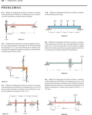 260 • CAPÍTULO 5 Torsión
P R O B L E M A S D E R E P A S O
260 • CAPÍTULO 5 Torsión
5-134. Considere un tubo de pared delgada de radio me-
dio r y espesor t. Demuestre que el esfuerzo cortante má-
ximo en el tubo debido a un par de torsión T tiende al es-
fuerzo cortante promedio calculado con la ecuación 5-18
cuando r/t → .
5-135. El tubo tiene un diámetro exterior de 0.75 pulg y
un diámetro interior de 0.68 pulg. Si está firmemente su-
jetado a la brida,determine la distribución del esfuerzo cor-
tante a lo largo de la altura del tubo cuando se aplica el par
mostrado a la barra de la llave.
*5-136. El tubo tiene un diámetro exterior de 0.75 pulg
y un diámetro interior de 0.68 pulg. Si está firmemente su-
jetado a la brida en B,determine la distribución del esfuer-
zo cortante a lo largo de una línea radial situada a la mi-
tad de la altura del tubo cuando se aplica el par mostrado
a la barra de la llave.
5-138. La flecha ahusada está hecha de aluminio 2014-
T6 y tiene un radio que puede describirse por la función
r  0.02(1  x3/2
) m, donde x está en metros. Determine
el ángulo de torsión de su extremo A si está sometida a un
par de torsión de 450 Nm.
5-139. Si la flecha sólida AB a la cual está unida la cruceta
es de latón rojo C83400 y tiene un diámetro de 10 mm, de-
termine las fuerzas máximas del par que puede aplicarse
a la cruceta antes de que el material empiece a fallar.Con-
sidere 
perm  40 MPa. ¿Cuál es el ángulo de torsión de la
cruceta? La flecha está fija en A.
5-137. El tubo perforador de un pozo petrolero está he-
cho de acero y tiene un diámetro exterior de 4.5 pulg y un
espesor de 0.25 pulg. Si el tubo está girando a 650 rpm al
ser impulsado por un motor de 15 hp, determine el esfuer-
zo cortante máximo en el tubo.
t
r
Prob. 5-134
4 m
x
x
450 Nm
r = 0.02(1 + x3/2) m
A
Prob. 5-138
B
A
15 lb
6 pulg
8 pulg
15 lb
F
150 mm
150 mm
F
A
150 mm
B
Probs. 5-135/136
Prob. 5-139
05-Hibbeler 30/8/56 10:59 AM Página 260
 