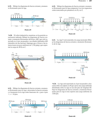 263
Las vigas y las flechas son importantes elementos estructurales y mecánicos en
ingeniería. En este capítulo determinaremos los esfuerzos en esos miembros cau-
sados por flexión. El capítulo comienza con una exposición sobre cómo obtener
los diagramas de fuerza cortante y momento flexionante en vigas y flechas. Igual
que los diagramas de fuerza normal y momento torsionante,los diagramas de fuer-
za cortante y momento flexionante proporcionan un medio útil para determinar
la fuerza cortante y el momento flexionante máximos en un miembro y, a la vez,
para indicar dónde ocurren esos valores máximos. Una vez que se determina el
momento interno en una sección, puede calcularse el esfuerzo de flexión. Consi-
deraremos primero miembros rectos,con secciones transversales simétricas y fabri-
cados con material homogéneo, elástico lineal. Después estudiaremos casos espe-
ciales de flexión asimétrica y miembros hechos de materiales compuestos.Veremos
también miembros curvos, concentraciones de esfuerzos, flexión inelástica y es-
fuerzos residuales.
Flexión
C A P Í T U L O
6
OBJETIVOS DEL CAPÍTULO
6.1 Diagramas de fuerza cortante y momento flexionante
Los miembros esbeltos y que soportan cargas aplicadas perpendicular-
mente a sus ejes longitudinales se llaman vigas. En general, las vigas son
barras rectas y largas que tienen secciones transversales constantes. A
menudo se clasifican según el modo en que están soportadas. Por ejem-
plo, una viga simplemente apoyada está soportada por un pasador en un
extremo y por un rodillo en el otro, figura 6-1, una viga en voladizo está
empotrada en un extremo y libre en el otro, y una viga con voladizo tiene
uno o ambos extremos libres situados más allá de los soportes. Las vigas
pueden considerarse entre los elementos estructurales más importantes.
Como ejemplos se cuentan los miembros usados para soportar el piso de
un edificio, la cubierta de un puente o el ala de un aeroplano.También el
eje de un automóvil, la pluma de una grúa e incluso muchos de los hue-
sos del cuerpo humano funcionan como vigas.
263
Viga simplemente apoyada
Viga en voladizo
Viga con voladizo
Fig. 6-1
 