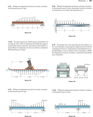 PUNTOS IMPORTANTES
• Las vigas son miembros rectos largos que toman cargas perpen-
diculares a su eje longitudinal. Ellas se clasifican de acuerdo a co-
mo están soportadas, por ejemplo, vigas simplemente apoyadas,
vigas en voladizo o vigas con voladizo.
• Para diseñar apropiadamente una viga, es importante conocer la
variación de la fuerza cortante y del momento flexionante a lo
largo de su eje para hallar los puntos en que esos valores son má-
ximos.
• Al establecer una convención de signos para la fuerza cortante y
el momento flexionante positivos, la fuerza y el momento en la
viga pueden ser determinados como función de su posición x y
esos valores pueden ser graficados para establecer los diagramas
de fuerza cortante y momento flexionante.
SECCIÓN 6.1 Diagramas de fuerza cortante y momento flexionante • 265
PROCEDIMIENTO DE ANÁLISIS
Los diagramas de fuerza cortante y momento flexionante pueden ser
construidos usando el siguiente procedimiento.
Reacciones en los soportes.
• Determine todas las fuerzas y momentos reactivos que actúan so-
bre la viga, y resuelva todas las fuerzas en componentes actuan-
do perpendicular y paralelamente al eje de la viga.
Funciones de fuerza cortante y momento flexionante.
• Especifique coordenadas x separadas que tengan un origen en el
extremo izquierdo de la viga y se extiendan a regiones de la viga
entre fuerzas y/o momentos concentrados, o donde no haya dis-
continuidad de la carga distribuida.
• Seccione la viga perpendicularmente a su eje en cada distancia x
y dibuje el diagrama de cuerpo libre de uno de los segmentos.Ase-
gúrese de que V y M se muestren actuando en sus sentidos positi-
vos, de acuerdo con la convención de signos dada en la figura 6-3.
• La fuerza cortante se obtiene sumando las fuerzas perpendicu-
lares al eje de la viga.
• El momento flexionante se obtiene sumando los momentos res-
pecto al extremo seccionado del segmento.
Diagramas de fuerza cortante y momento flexionante.
• Trace el diagrama de fuerza cortante (V versus x) y el diagrama
de momento flexionante (M versus x). Si los valores numéricos de
las funciones que describen V y M son positivos, los valores se
trazan sobre el eje x, mientras que los valores negativos se trazan
debajo del eje.
• En general, es conveniente mostrar los diagramas de fuerza cor-
tante y momento flexionante directamente abajo del diagrama de
cuerpo libre de la viga.
 