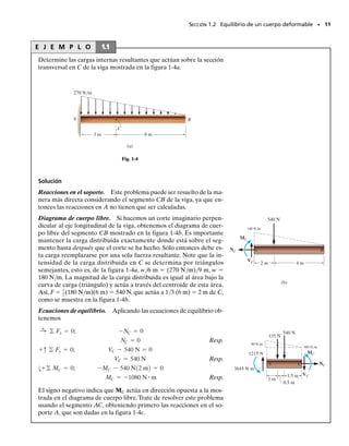 Cargas coplanares. Si el cuerpo está sometido a un sistema de fuerzas
coplanares, figura 1-3a, entonces sólo existen en la sección componen-
tes de fuerza normal, de fuerza cortante y de momento flexionante, figu-
ra 1-3b. Si usamos los ejes coordenados x, y, z, con origen en el punto O
como se muestra en el segmento izquierdo, entonces una solución direc-
ta para N se puede obtener aplicando  Fx  0, y V se puede obtener di-
rectamente de  Fy  0. Finalmente, el momento flexionante MO se pue-
de determinar directamente sumando momentos respecto al punto O (el
eje z),  MO  0, para eliminar los momentos causados por las incógnitas
N y V.
SECCIÓN 1.2 Equilibrio de un cuerpo deformable • 9
Para diseñar los miembros de este mar-
co de edificio, es necesario primero en-
contrar las cargas internas en varios pun-
tos a lo largo de su longitud.
sección
F4
F3
F2
F1
(a)
Fig. 1-3
O
V
MO
N
x
y
Momento
flexionante
Fuerza
cortante
Fuerza
normal
(b)
F2
F1
PUNTOS IMPORTANTES
• La mecánica de materiales es un estudio de la relación entre las
cargas externas sobre un cuerpo y la intensidad de las cargas in-
ternas dentro del cuerpo.
• Las fuerzas externas pueden ser aplicadas a un cuerpo como car-
gas distribuidas o cargas de superficie concentradas, o bien como
fuerzas de cuerpo que actúan sobre todo el volumen del cuerpo.
• Las cargas linealmente distribuidas producen una fuerza resultan-
te que tiene una magnitud igual al área bajo el diagrama de car-
ga y una posición que pasa por el centroide de esa área.
• Un soporte produce una fuerza en una dirección particular sobre
su miembro correspondiente si ésta impide traslación del miembro
en esa dirección y él produce un momento de par sobre el miem-
bro si él impide una rotación.
• Las ecuaciones de equilibrio  F  0 y  M  0 deben ser satis-
fechas para prevenir que un cuerpo se traslade con movimiento
acelerado o que gire.
• Al aplicar las ecuaciones de equilibrio, es importante dibujar pri-
mero el diagrama de cuerpo libre del cuerpo para poder tomar
en cuenta todos los términos en las ecuaciones.
• El método de las secciones se usa para determinar las cargas
internas resultantes que actúan sobre la superficie del cuerpo sec-
cionado. En general, esas resultantes consisten en una fuerza
normal, una fuerza cortante, un momento torsionante y un mo-
mento flexionante.
01-Hibbeler 28/8/56 5:01 AM Página 9
 