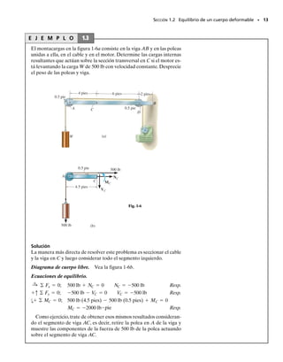 E J E M P L O 1.1
Determine las cargas internas resultantes que actúan sobre la sección
transversal en C de la viga mostrada en la figura 1-4a.
SECCIÓN 1.2 Equilibrio de un cuerpo deformable • 11
Solución
Reacciones en el soporte. Este problema puede ser resuelto de la ma-
nera más directa considerando el segmento CB de la viga, ya que en-
tonces las reacciones en A no tienen que ser calculadas.
Diagrama de cuerpo libre. Si hacemos un corte imaginario perpen-
dicular al eje longitudinal de la viga, obtenemos el diagrama de cuer-
po libre del segmento CB mostrado en la figura 1-4b. Es importante
mantener la carga distribuida exactamente donde está sobre el seg-
mento hasta después que el corte se ha hecho. Sólo entonces debe es-
ta carga reemplazarse por una sola fuerza resultante. Note que la in-
tensidad de la carga distribuida en C se determina por triángulos
semejantes, esto es, de la figura 1-4a, w/6 m  (270 N/m)/9 m, w 
180 N/m. La magnitud de la carga distribuida es igual al área bajo la
curva de carga (triángulo) y actúa a través del centroide de esta área.
Así, F  
1
2
(180 N/m)(6 m)  540 N, que actúa a 1/3 (6 m)  2 m de C,
como se muestra en la figura 1-4b.
Ecuaciones de equilibrio. Aplicando las ecuaciones de equilibrio ob-
tenemos
Resp.
Resp.
Resp.
El signo negativo indica que MC actúa en dirección opuesta a la mos-
trada en el diagrama de cuerpo libre. Trate de resolver este problema
usando el segmento AC, obteniendo primero las reacciones en el so-
porte A, que son dadas en la figura 1-4c.
MC = -1080 N # m
-MC - 540 N12 m2 = 0
d+© MC = 0;
VC = 540 N
VC - 540 N = 0
+q© Fy = 0;
NC = 0
-NC = 0
:
+ © Fx = 0;
(a)
A B
C
3 m 6 m
270 N/m
Fig. 1-4
180 N/m
540 N
2 m 4 m
VC
MC
NC
(b)
B
C
1.5 m
0.5 m
1 m
180 N/m
90 N/m
540 N
135 N
VC
MC
NC
1215 N
3645 Nm
C
A
01-Hibbeler 28/8/56 5:04 AM Página 11
 