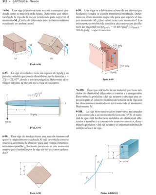 288 • CAPÍTULO 6 Flexión
6-25. Dibuje los diagramas de fuerza cortante y momen-
to flexionante para la viga. Los dos segmentos están uni-
dos entre sí en B.
6-29. Dibuje los diagramas de fuerza cortante y momen-
to flexionante para la viga.
*6-28. Dibuje los diagramas de fuerza cortante y momen-
to flexionante para la barra de conexión. En los extremos
A y B sólo se presentan reacciones verticales.
6-27. Determine la distancia a en que debe colocarse el
soporte de rodillo de manera que el valor máximo abso-
luto del momento sea mínimo. Dibuje los diagramas de
fuerza cortante y momento flexionante para esta condi-
ción.
6-26. Considere el problema general de una viga en vo-
ladizo sometida a n cargas concentradas y a una carga w
uniformemente distribuida.Escriba un programa de compu-
tadora que pueda usarse para determinar la fuerza cor-
tante y el momento flexionante en cualquier posición x es-
pecificada a lo largo de la viga; trace los diagramas de
fuerza cortante y de momento flexionante para la viga.
Aplique el programa usando los valores P1  4 kN, d1 
2 m, w  800 N/m, a1  2 m, a2  4 m, L  4 m.
6-30. Dibuje los diagramas de fuerza cortante y momen-
to flexionante para la viga.
A C
3 pies 8 pies
3 klb/pie
5 pies
B
8 klb
d1
d2
dn
P1 Pn
L
a2
w
a1
P2
a
w
L
A
B
B
w0
A
2L
––
3
L
–
3
B
A
w0
L
–
2
L
–
2
36 pulg
A B
12 lb pulg
/
1.5 pulg
0.3 pulg 2 pulg
0.5 pulg
0.5 pulg
72 lb 144 lb
B
Prob. 6-27
Prob. 6-25
Prob. 6-26
Prob. 6-29
Prob. 6-28
Prob. 6-30
 