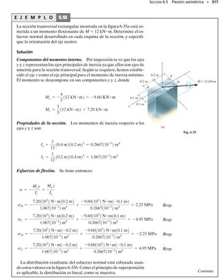 deformada y deformada en la figura 6-23. Note que cualquier segmento
de línea x, localizado sobre la superficie neutra, no cambia de longitud,
mientras que cualquier segmento de línea s, localizado a una distancia
arbitraria y arriba de la superficie neutra, se contraerá y tendrá la longi-
tud s después que la deformación ha tenido lugar. Por definición, la de-
formación unitaria normal a lo largo de s se determina con la ecuación
2-2, esto es,
6.3 Deformación por flexión de un miembro recto • 293
eje
longitudinal
x
x
s x
=
y
Elemento no deformado
(a)
∆
∆
∆
eje
longitudinal
x
s
y
O
θ
ρ
Elemento deformado
(b)
∆
∆
∆
Fig. 6-23
P = lím
¢s:0
¢s - ¢s
¢s
P = -
y
r
P = lím
¢u:0
1r - y2 ¢u - r ¢u
r ¢u
Representaremos ahora esta deformación unitaria en términos de la
posición y del segmento y del radio de curvatura del eje longitudinal del
elemento.Antes de la deformación, s x, figura 6-23a. Después de la
deformación x tiene un radio de curvatura ,con centro de curvatura en
el punto O , figura 6-23b. Como define el ángulo entre los lados de la
sección transversal del elemento, x s . De la misma manera,
la longitud deformada de s es s ( – y) .Sustituyendo en la ecua-
ción anterior, obtenemos:
o
Este importante resultado indica que la deformación unitaria normal
longitudinal de cualquier elemento dentro de la viga depende de su locali-
(6-7)
 