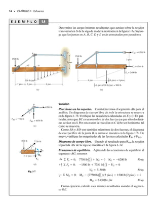 E J E M P L O 1.2
Determine las cargas internas resultantes que actúan sobre la sección
transversal en C de la flecha de la máquina mostrada en la figura 1-5a.
La flecha está soportada por chumaceras en A y B, que ejercen sólo
fuerzas verticales sobre la flecha.
12 • CAPÍTULO 1 Esfuerzo
Solución
Resolveremos este problema usando el segmento AC de la flecha.
Reacciones en el soporte. En la figura 1-5b se muestra un diagrama
de cuerpo libre de toda la flecha. Como el segmento AC va a ser con-
siderado, sólo la reacción en A tiene que ser considerada. ¿Por qué?
El signo negativo para Ay indica que ésta actúa en sentido opuesto al
mostrado sobre el diagrama de cuerpo libre.
Diagrama de cuerpo libre. Si realizamos un corte imaginario perpen-
dicular al eje de la flecha por C, obtenemos el diagrama de cuerpo li-
bre del segmento AC mostrado en la figura 1-5c.
Ecuaciones de equilibrio.
Resp.
Resp.
Resp.
¿Qué indican los signos negativos de VC y MC? Como ejercicio, calcu-
le la reacción en B y trate de obtener los mismos resultados usando el
segmento CBD de la flecha.
MC = -5.69 N # m
MC + 40 N10.025 m2 + 18.75 N10.250 m2 = 0
d+© MC = 0;
V
C = -58.8 N
-18.75 N - 40 N - V
C = 0
+q© Fy = 0;
NC = 0
:
+ © Fx = 0;
Ay = -18.75 N
-Ay10.400 m2 + 120 N10.125 m2 - 225 N10.100 m2 = 0
d+ ©MB = 0;
225 N
C
D
200 mm
100 mm 100 mm
50 mm
50 mm
800 N/m
B
(a)
A
Fig. 1-5
0.275 m
0.125 m
(800 N/m)(0.150 m) = 120 N
0.100 m
225 N
Ay By
(b)
B
(c)
40 N
18.75 N
0.250 m
0.025 m
MC
VC
C
A
NC
01-Hibbeler 28/8/56 5:04 AM Página 12
 